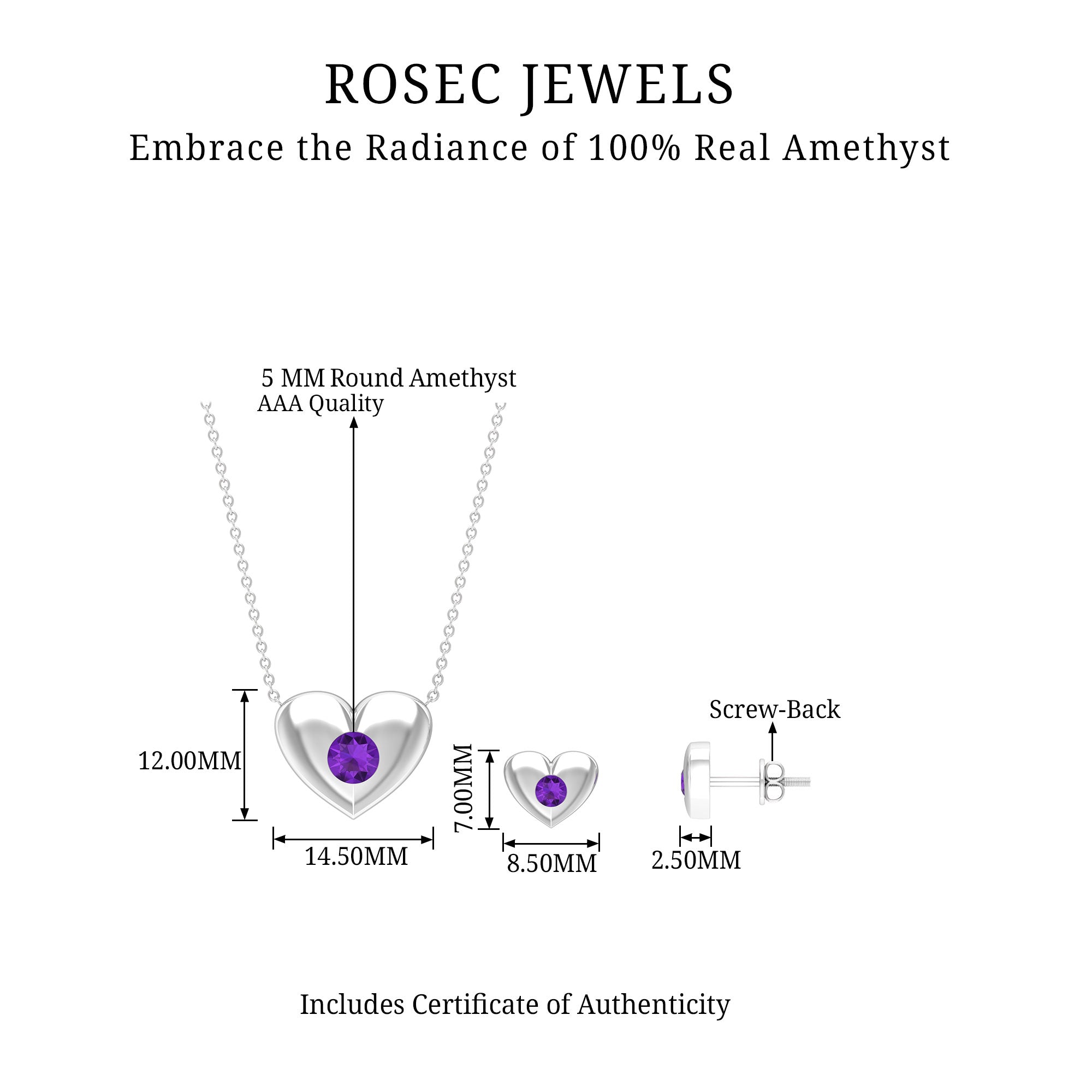 Flush Set Amethyst Heart Jewelry Set Amethyst - ( AAA ) - Quality - Rosec Jewels