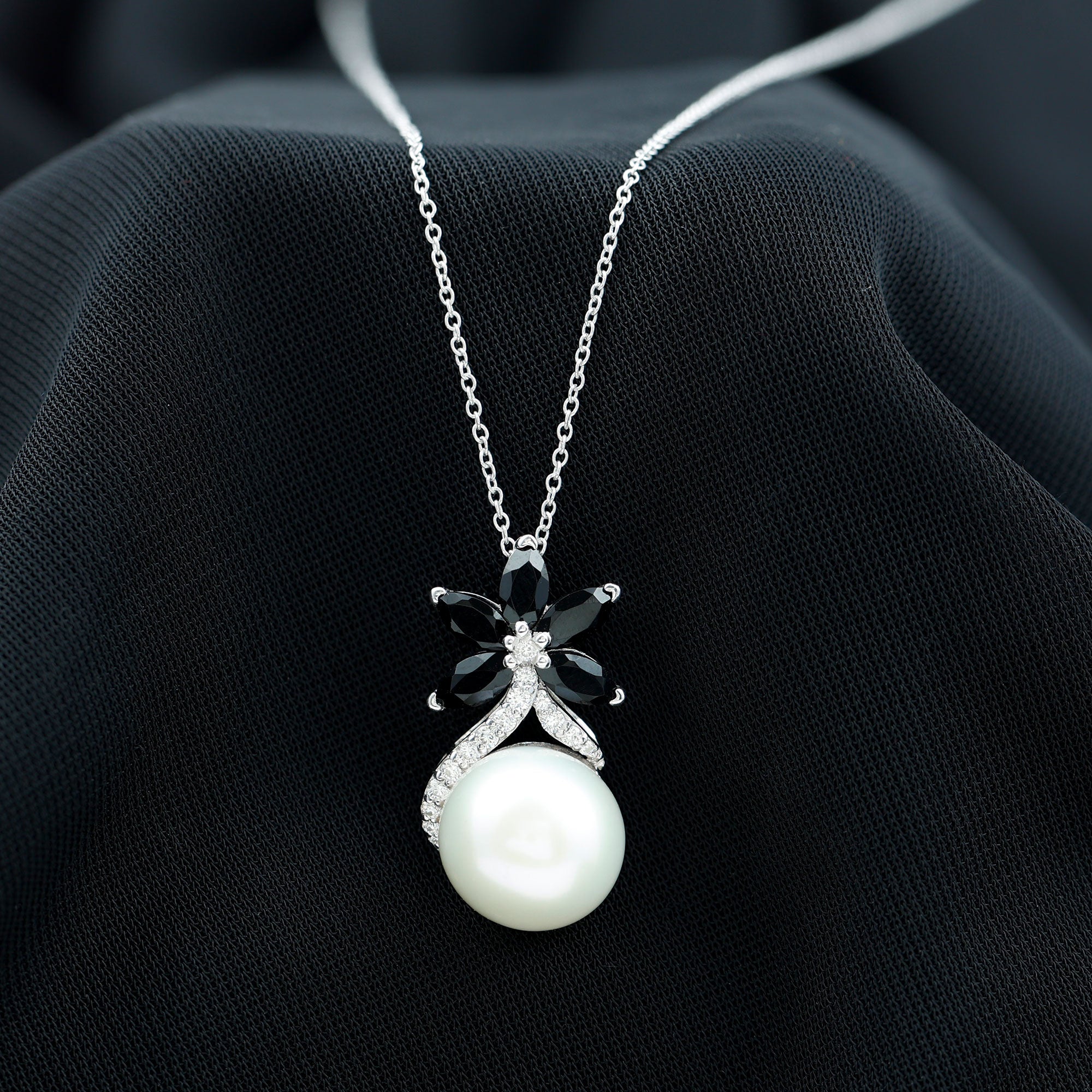 Floral Inspired Freshwater Pearl and Black Onyx Silver Pendant with Moissanite Accent - Rosec Jewels