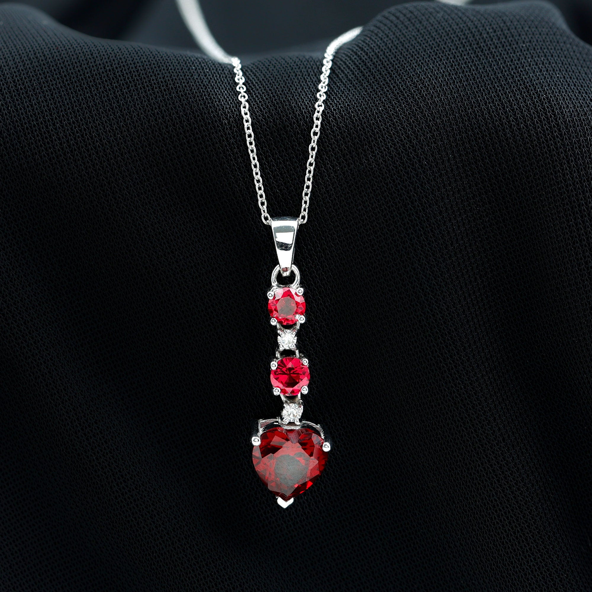 Created Ruby and Moissanite Heart Dangle Pendant Necklace in Silver - Rosec Jewels