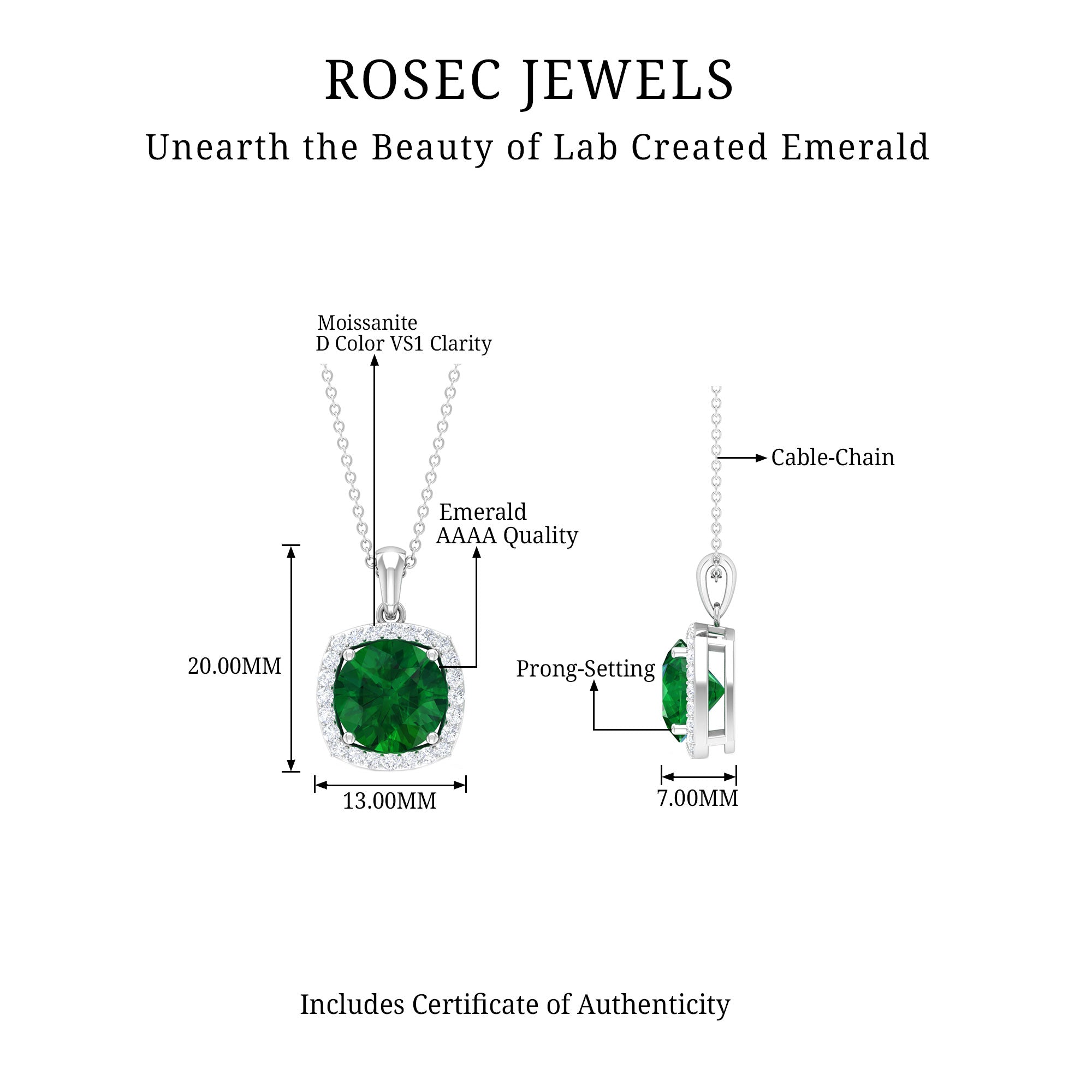 10 MM Classic Solitaire Created Emerald and Moissanite Halo Pendant Necklace Lab Created Emerald - ( AAAA ) - Quality - Rosec Jewels