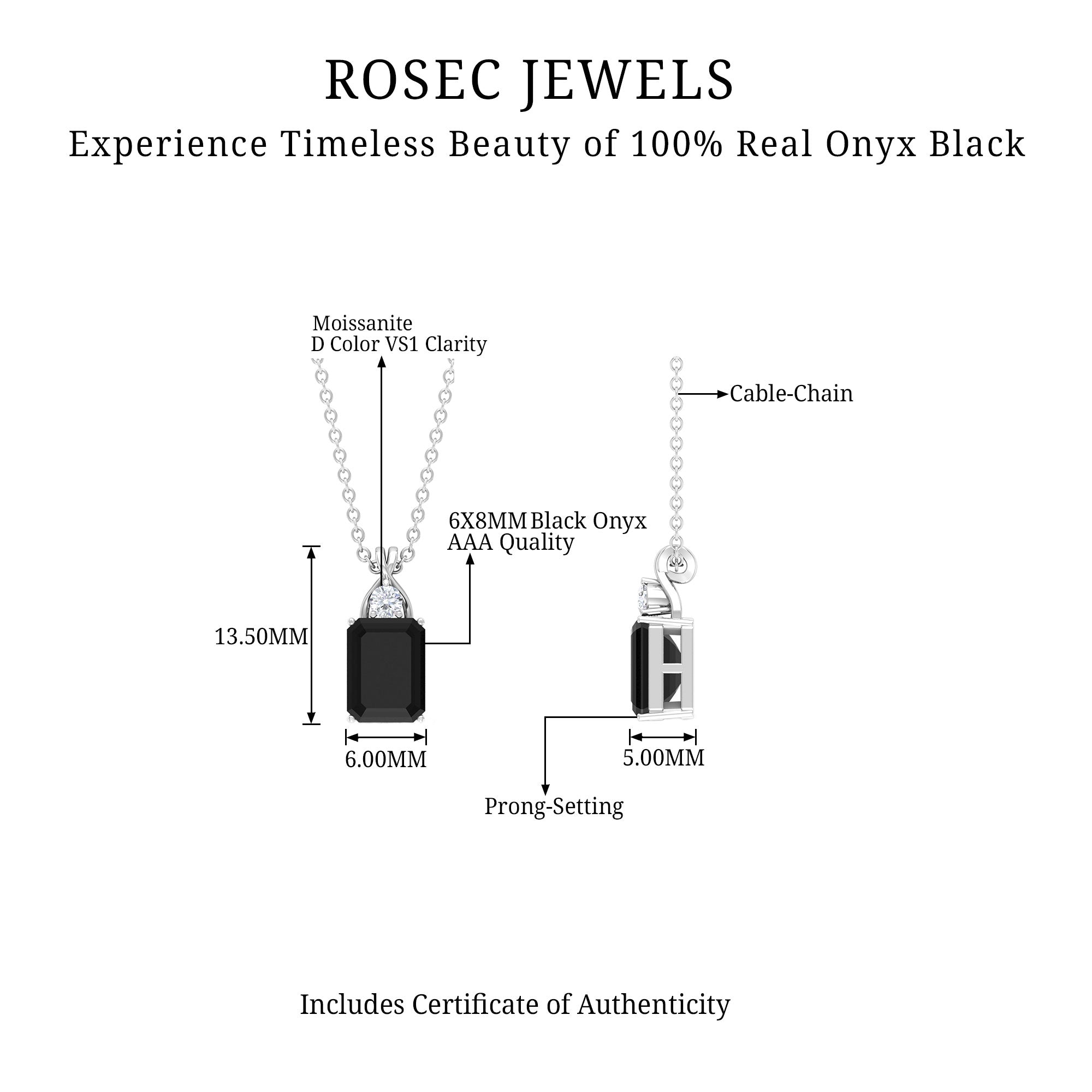 2 CT Simple Black Onyx Solitaire Pendant with Moissanite Black Onyx - ( AAA ) - Quality - Rosec Jewels