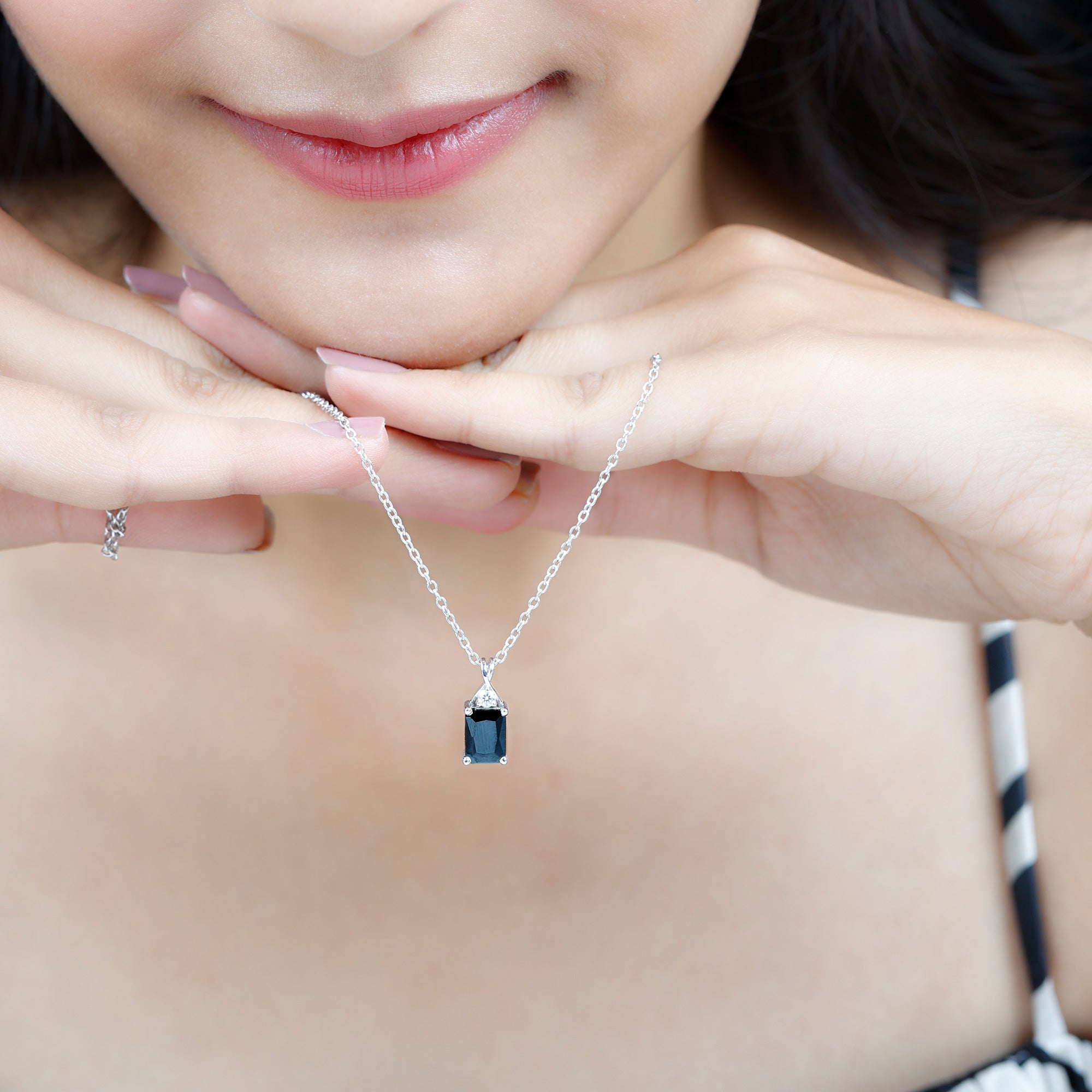 2 CT Simple Black Onyx Solitaire Pendant with Moissanite Black Onyx - ( AAA ) - Quality - Rosec Jewels