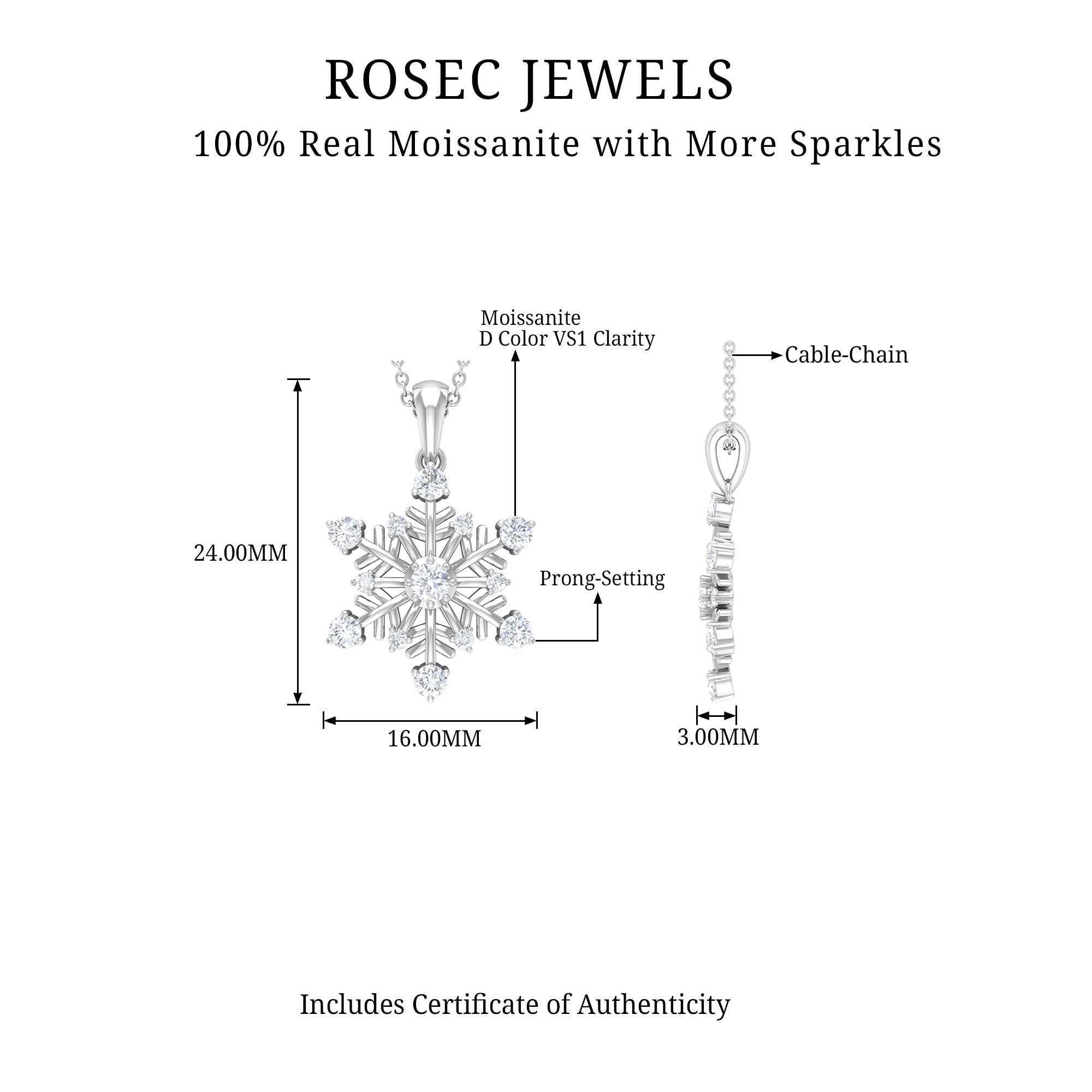 Classic Certified Moissanite Snowflake Pendant Moissanite - ( D-VS1 ) - Color and Clarity - Rosec Jewels