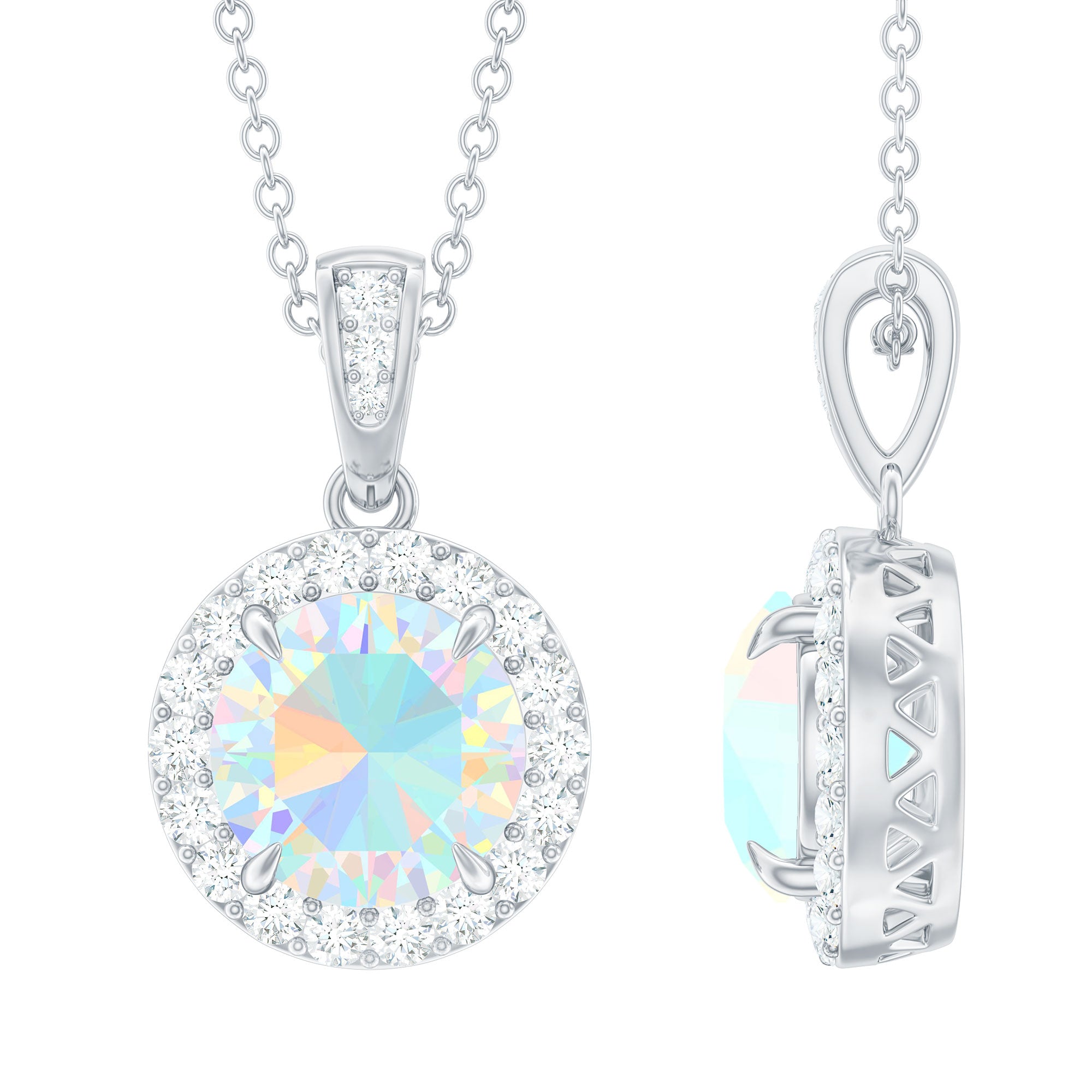 Real Ethiopian Opal and Moissanite Halo Pendant Necklace in Silver - Rosec Jewels