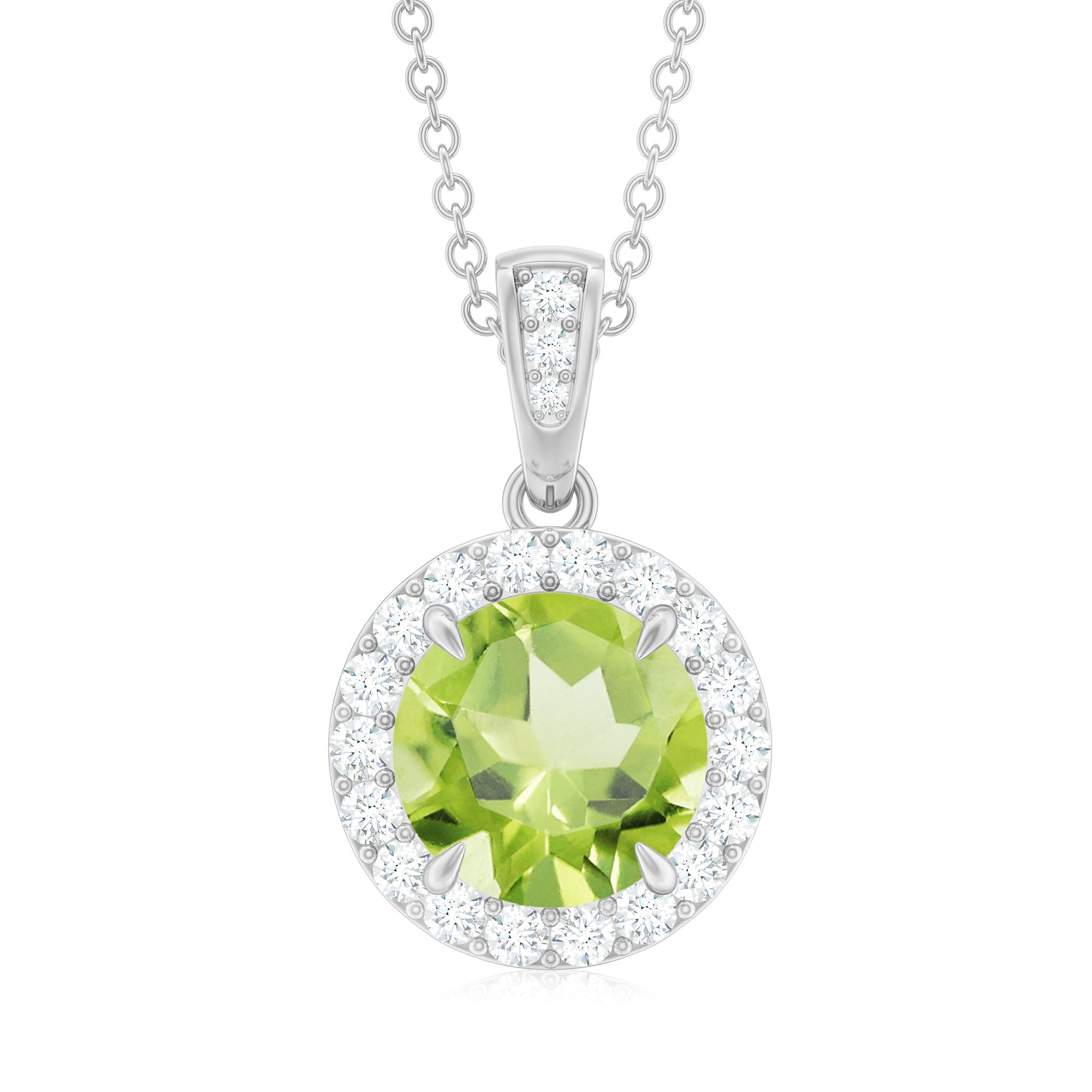 Claw Set Round Peridot Halo Pendant with Diamond Peridot - ( AAA ) - Quality - Rosec Jewels