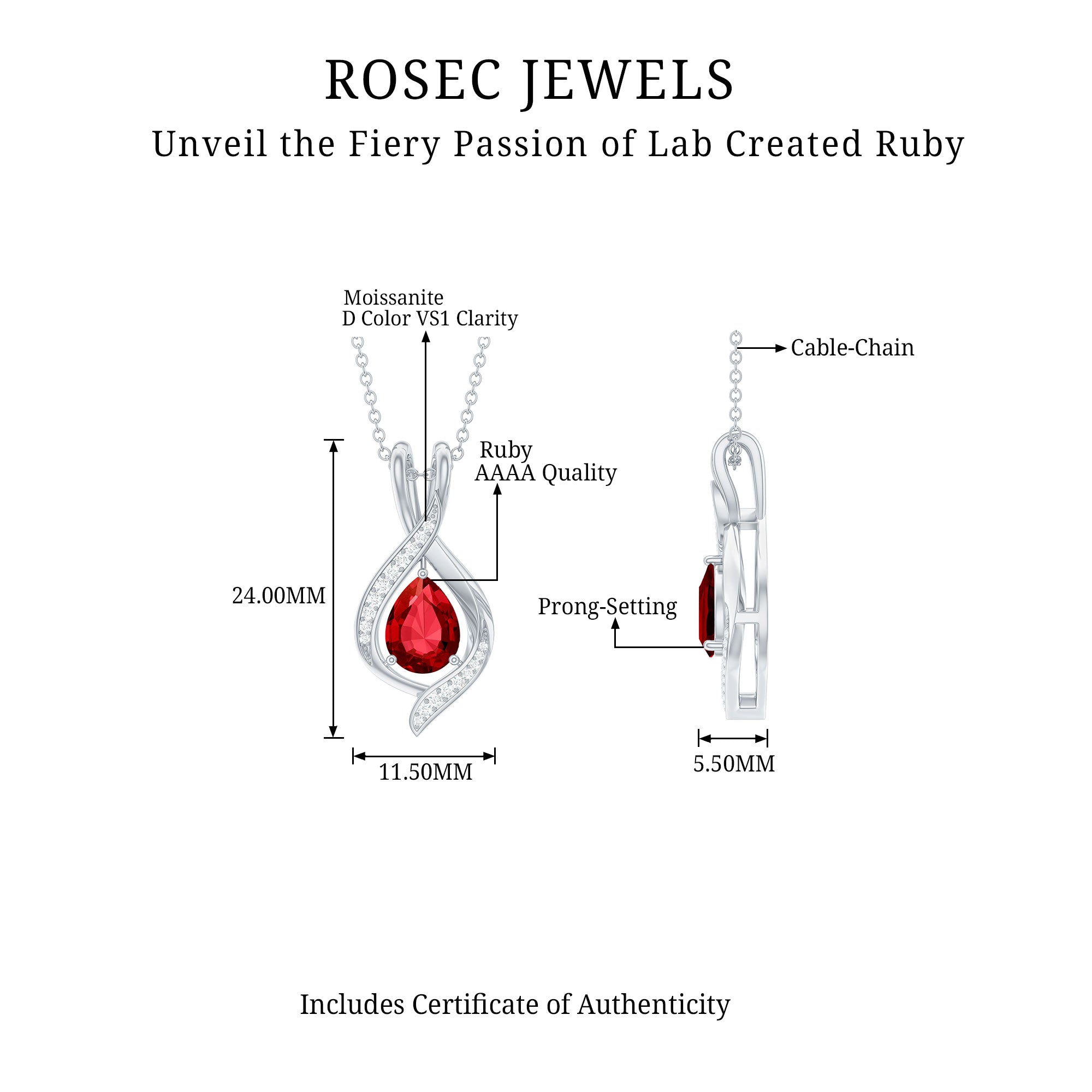 Pear Cut Created Ruby Teardrop Silver Pendant with Moissanite Accent - Rosec Jewels