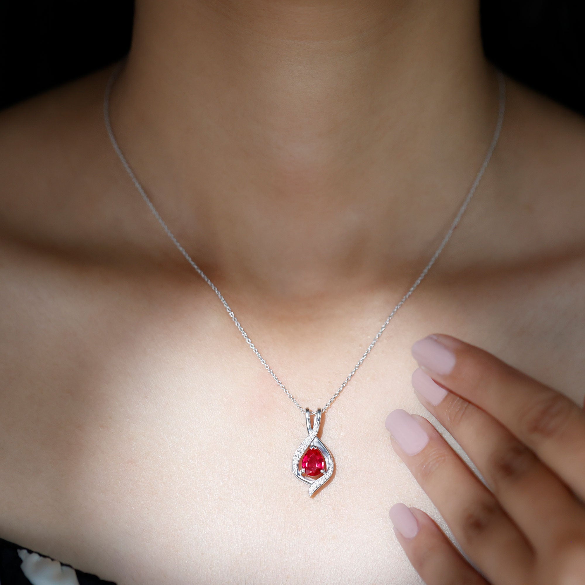 Pear Cut Created Ruby Teardrop Silver Pendant with Moissanite Accent - Rosec Jewels