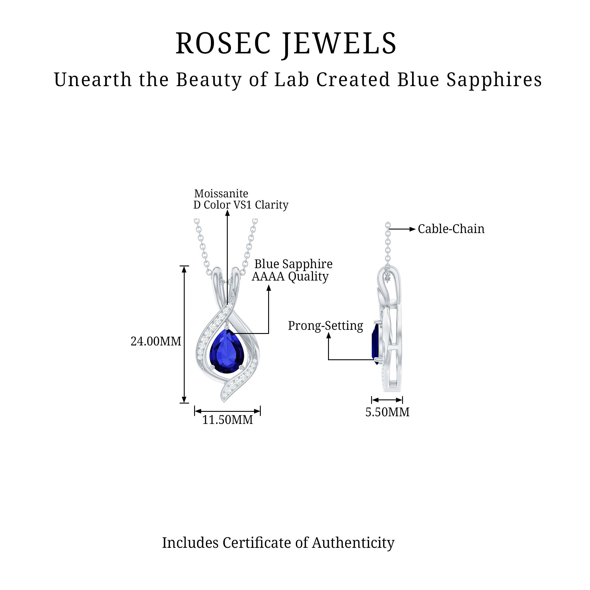 Minimal Created Blue Sapphire Silver Teardrop Pendant with Moissanite - Rosec Jewels