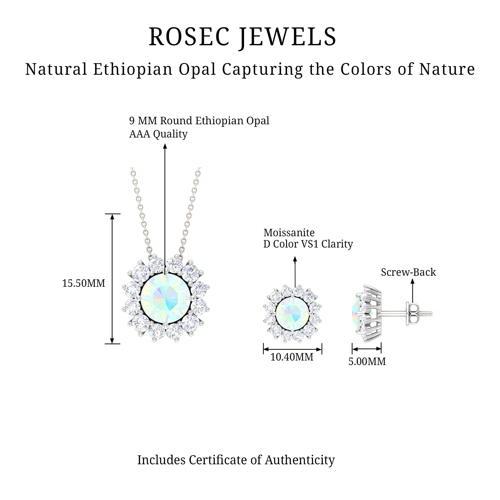 Ethiopian Opal and Moissanite Halo Pendant and Earrings Set Ethiopian Opal - ( AAA ) - Quality - Rosec Jewels