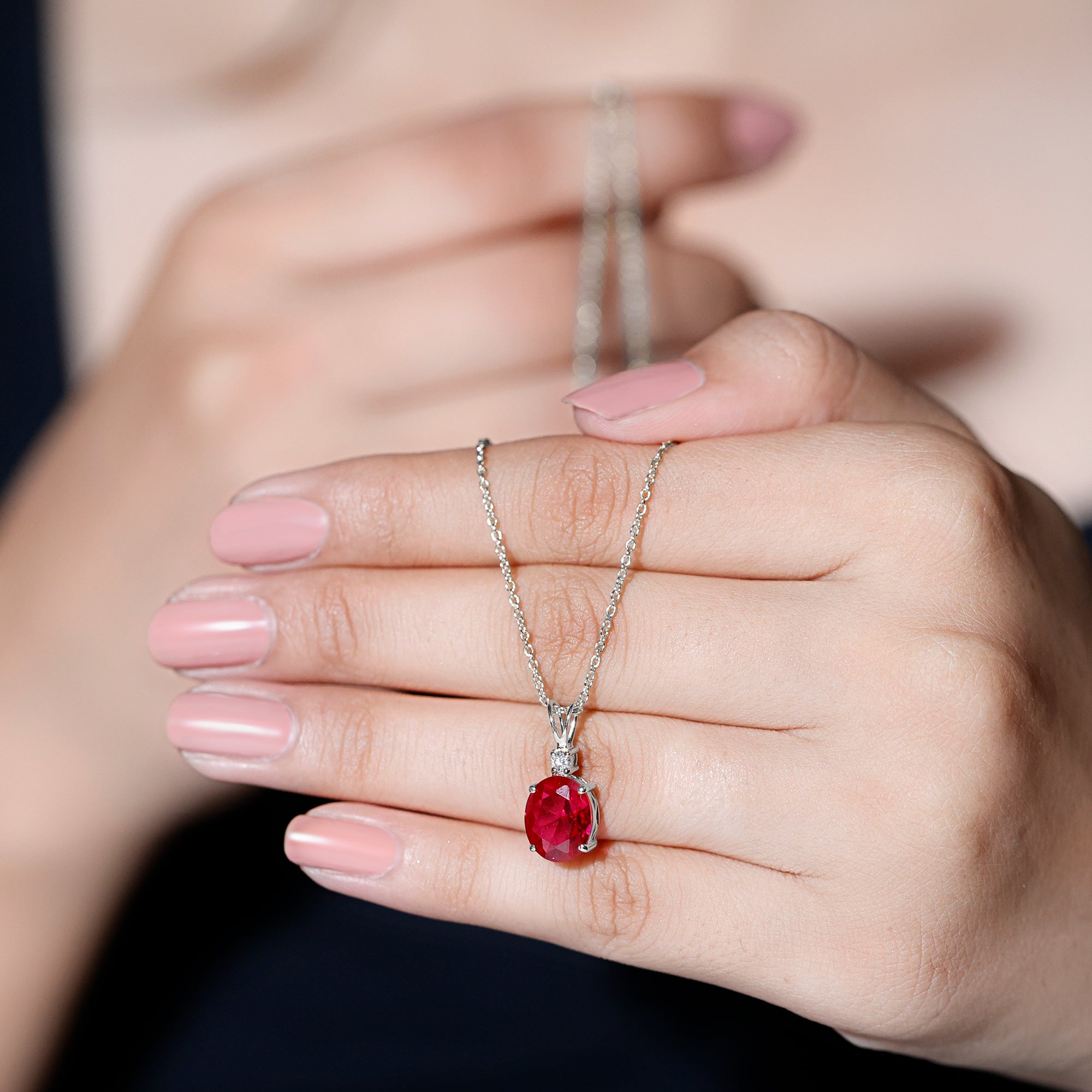 Solitaire Created Ruby Oval Pendant with Moissanite Lab Created Ruby - ( AAAA ) - Quality - Rosec Jewels