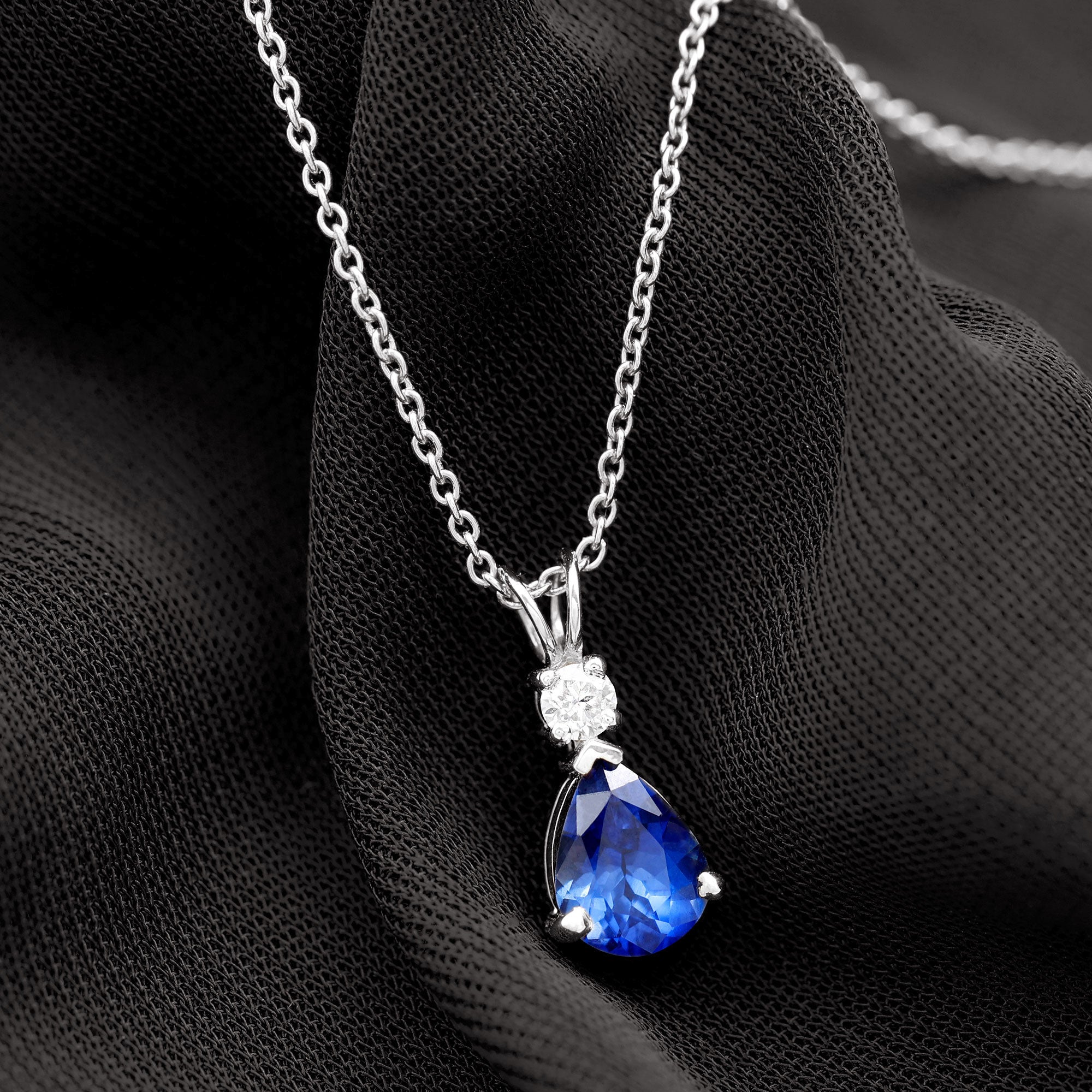 Created Blue Sapphire and Moissanite Modern Teardrop Pendant Lab Created Blue Sapphire - ( AAAA ) - Quality - Rosec Jewels