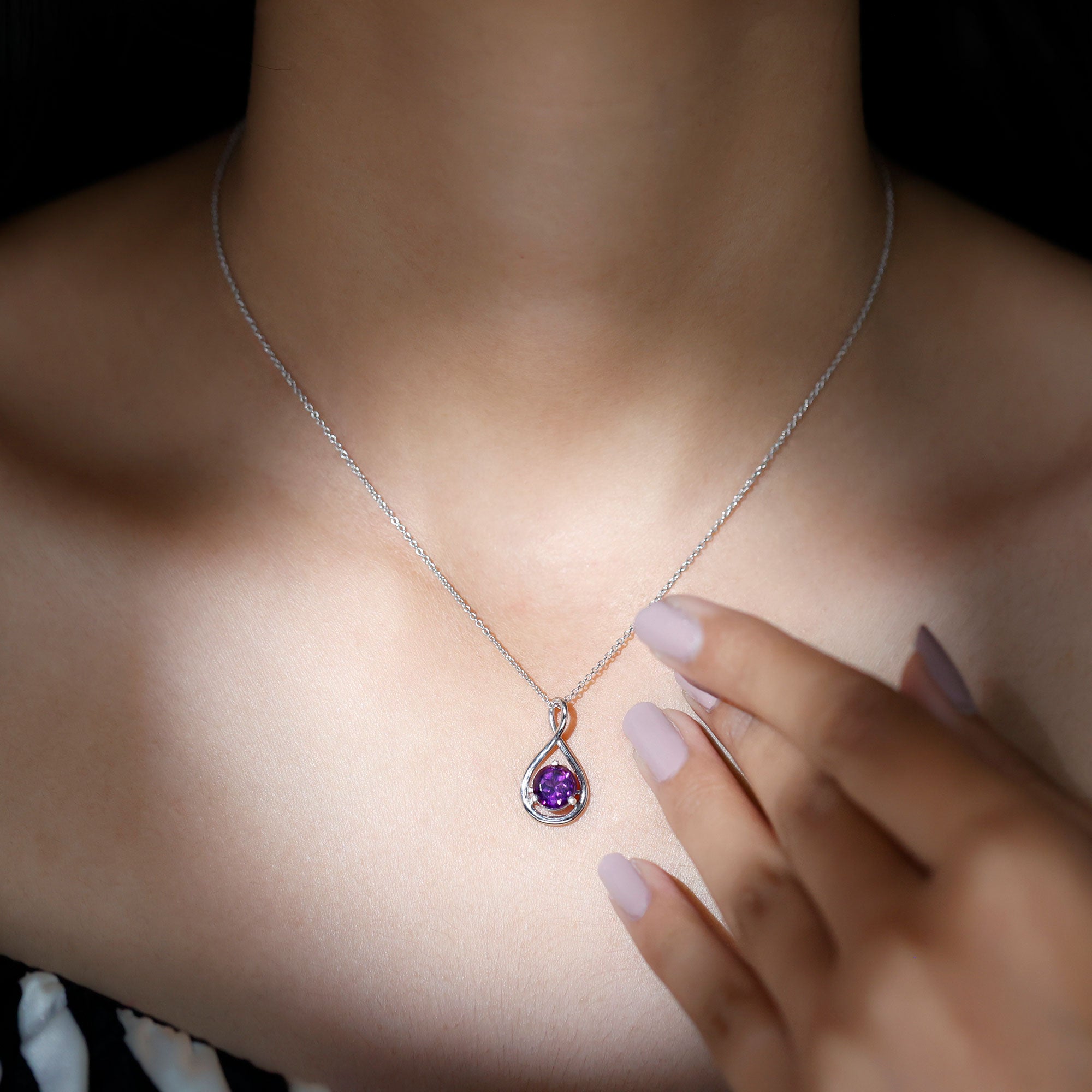 Solitaire Real Amethyst Infinity Pendant Necklace Amethyst - ( AAA ) - Quality - Rosec Jewels