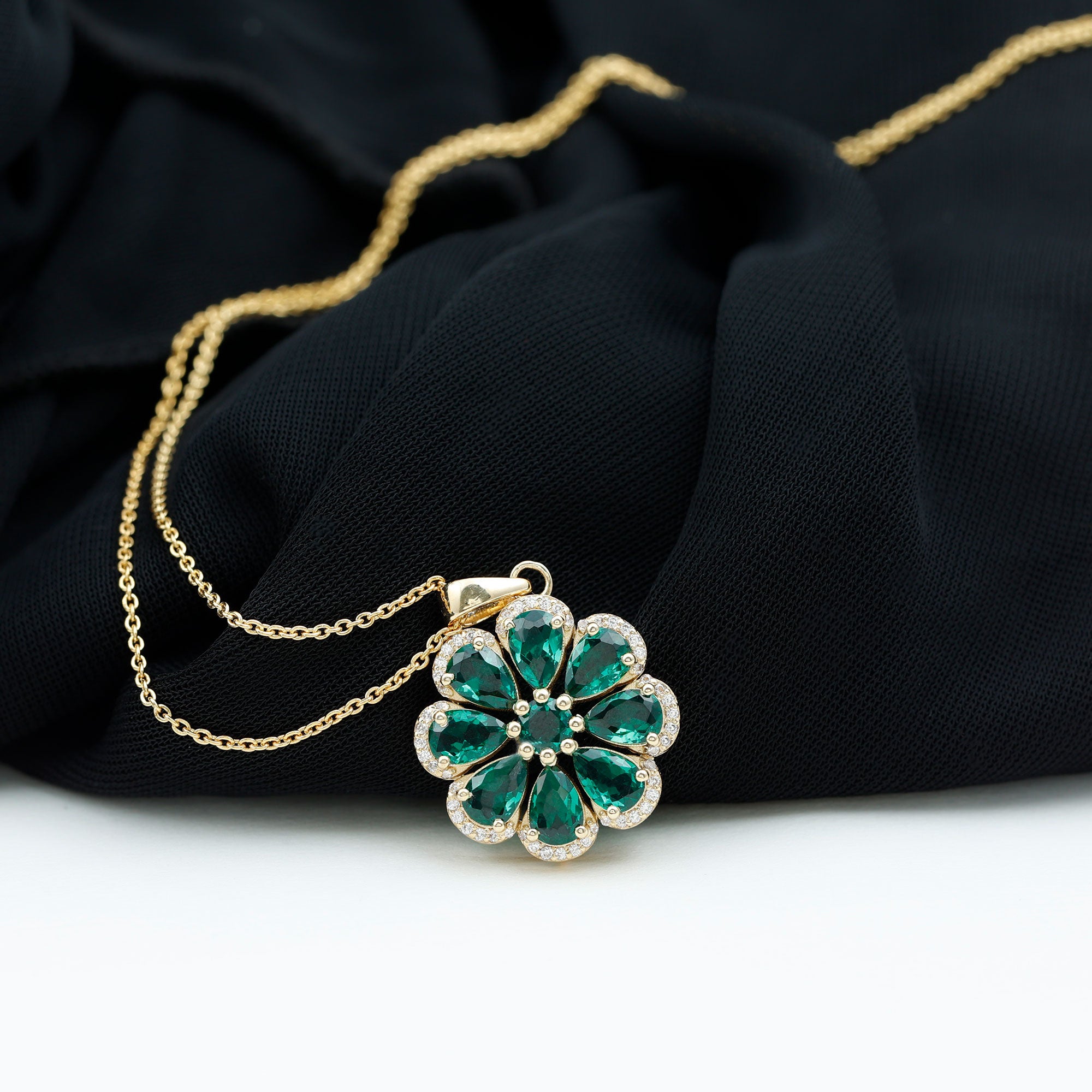 Pear Cut Created Emerald Flower Pendant with Zircon Accent Lab Created Emerald - ( AAAA ) - Quality - Rosec Jewels