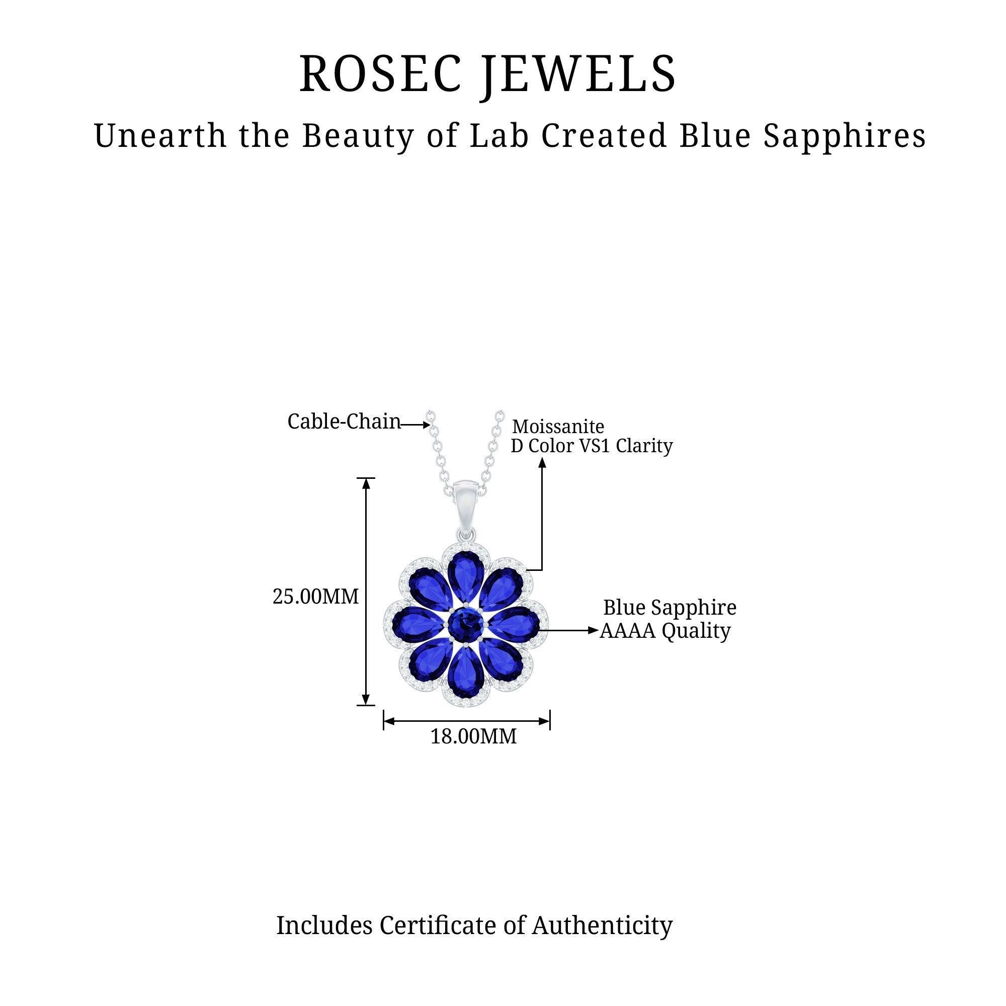 4.5 CT Created Blue Sapphire Silver Flower Pendant with Moissanite Halo - Rosec Jewels