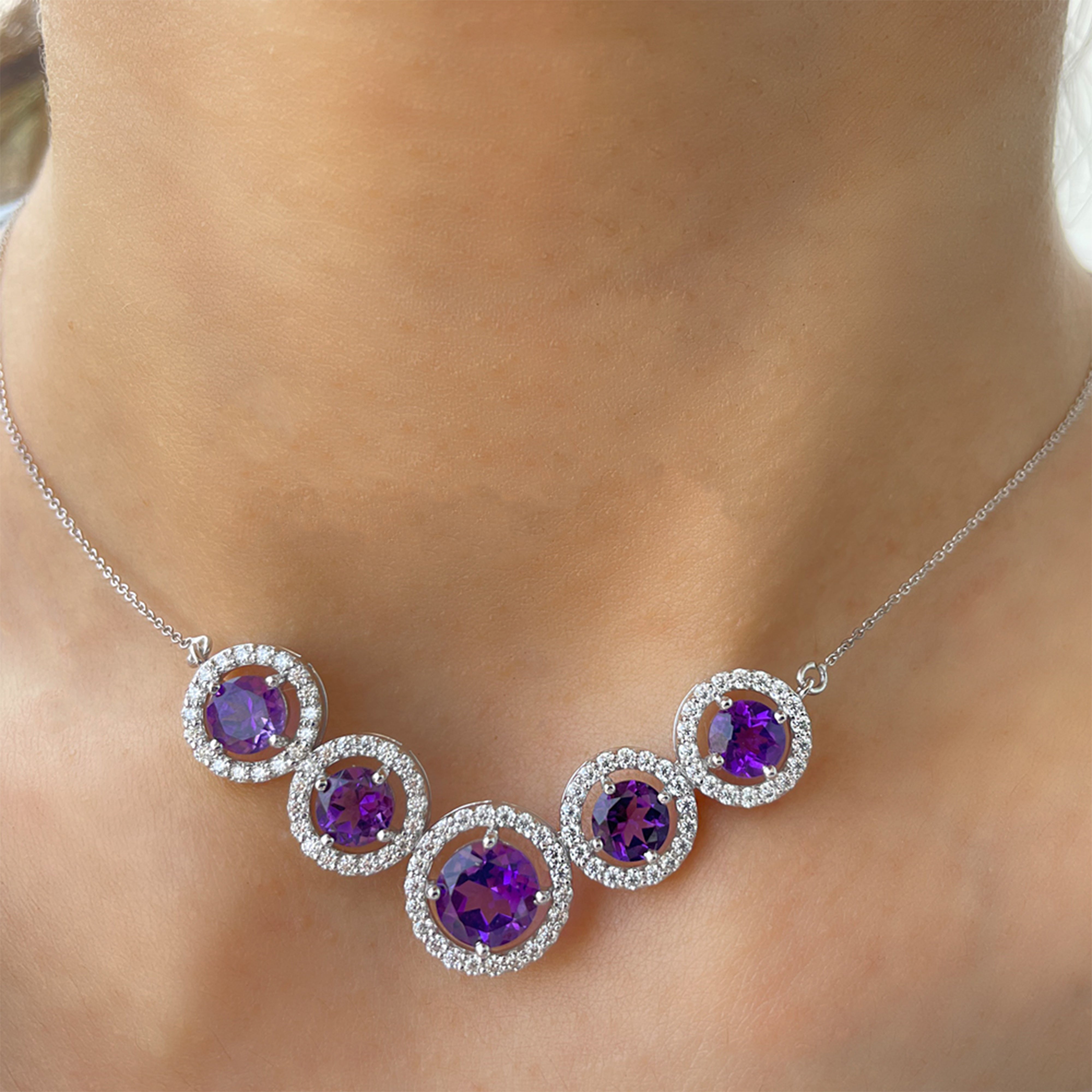 Amethyst Five Stone and Moissanite Halo Necklace in Gold Amethyst - ( AAA ) - Quality - Rosec Jewels