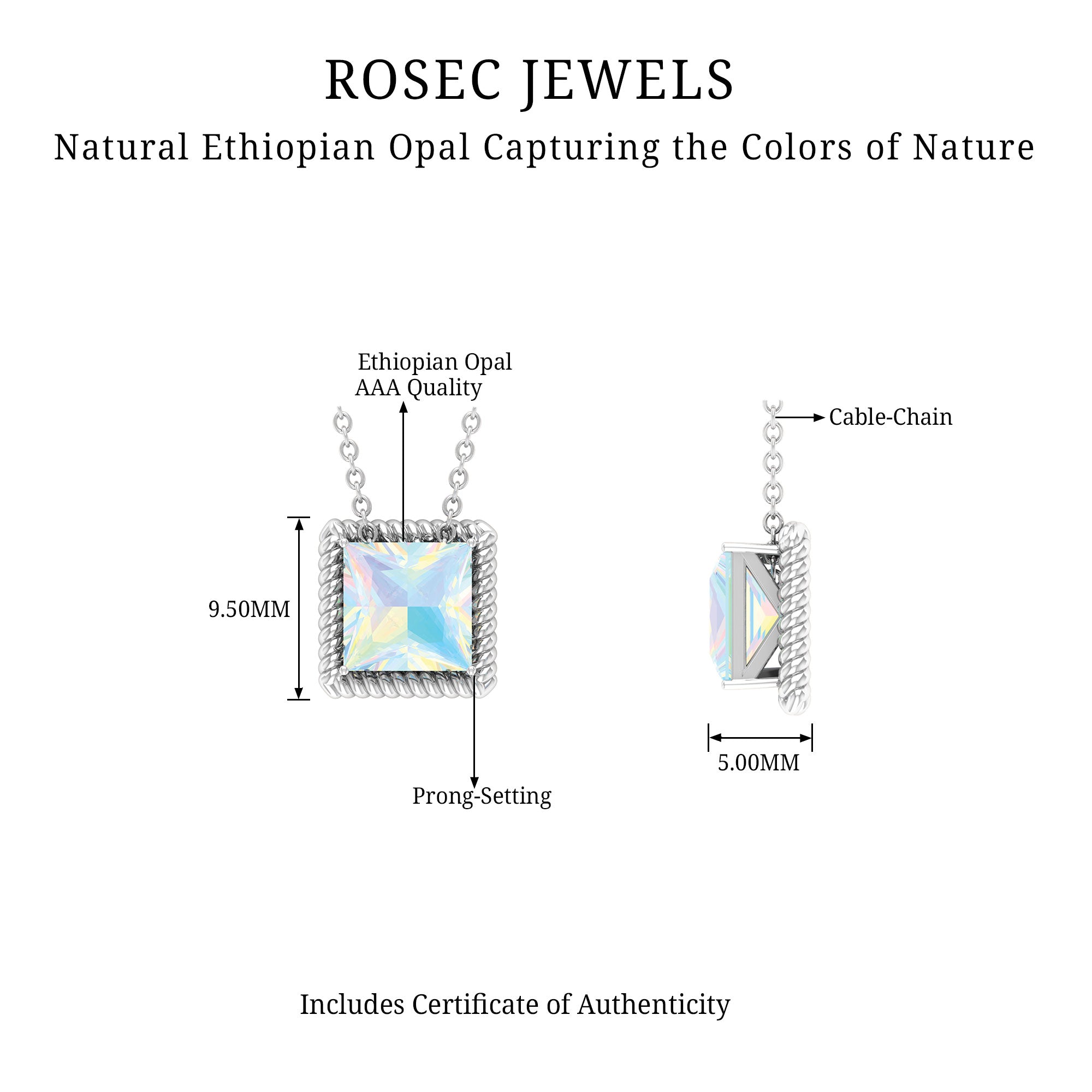 7 MM Princess Cut Ethiopian Opal Solitaire Pendant with Rope Frame Details - Rosec Jewels