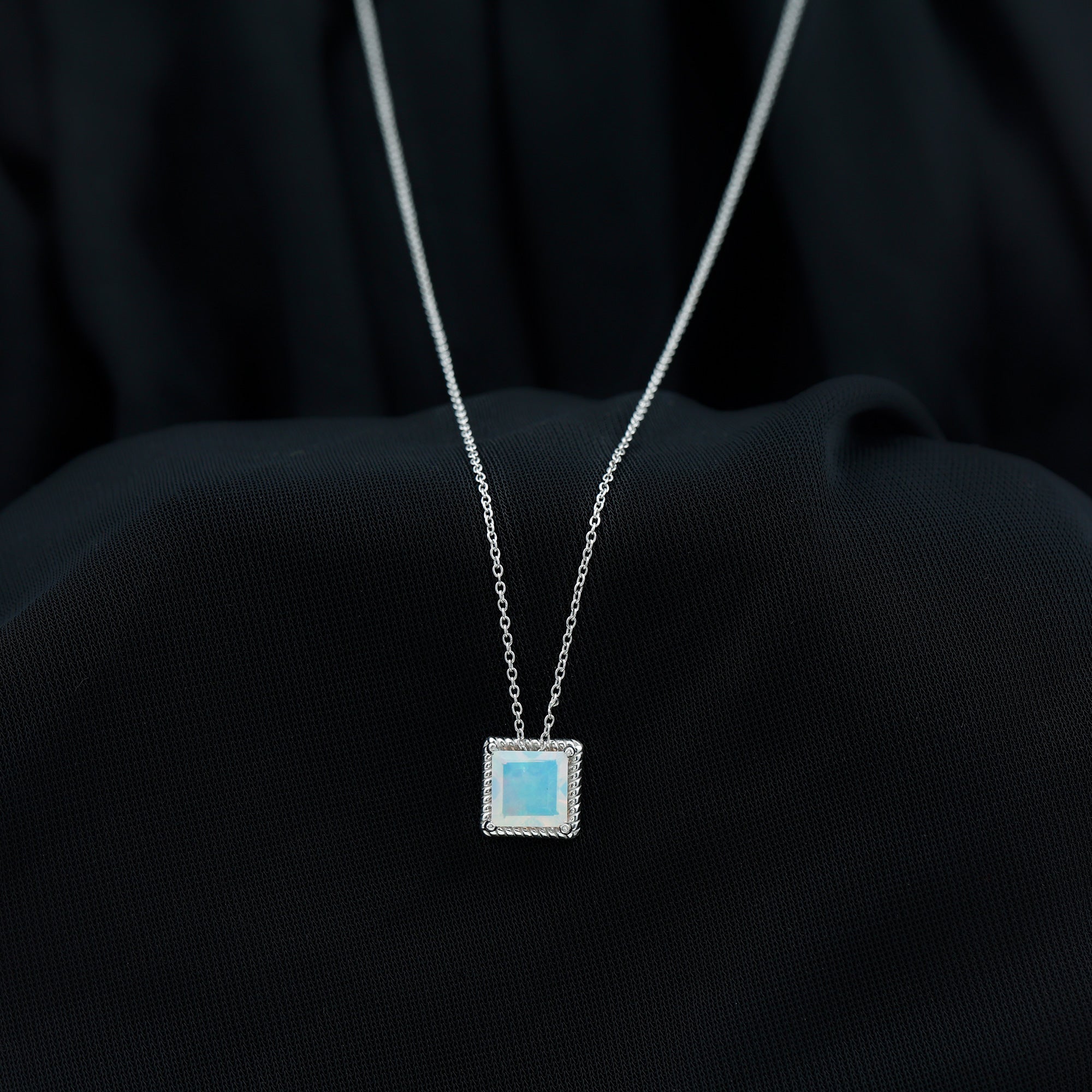 7 MM Princess Cut Ethiopian Opal Solitaire Pendant with Rope Frame Details - Rosec Jewels