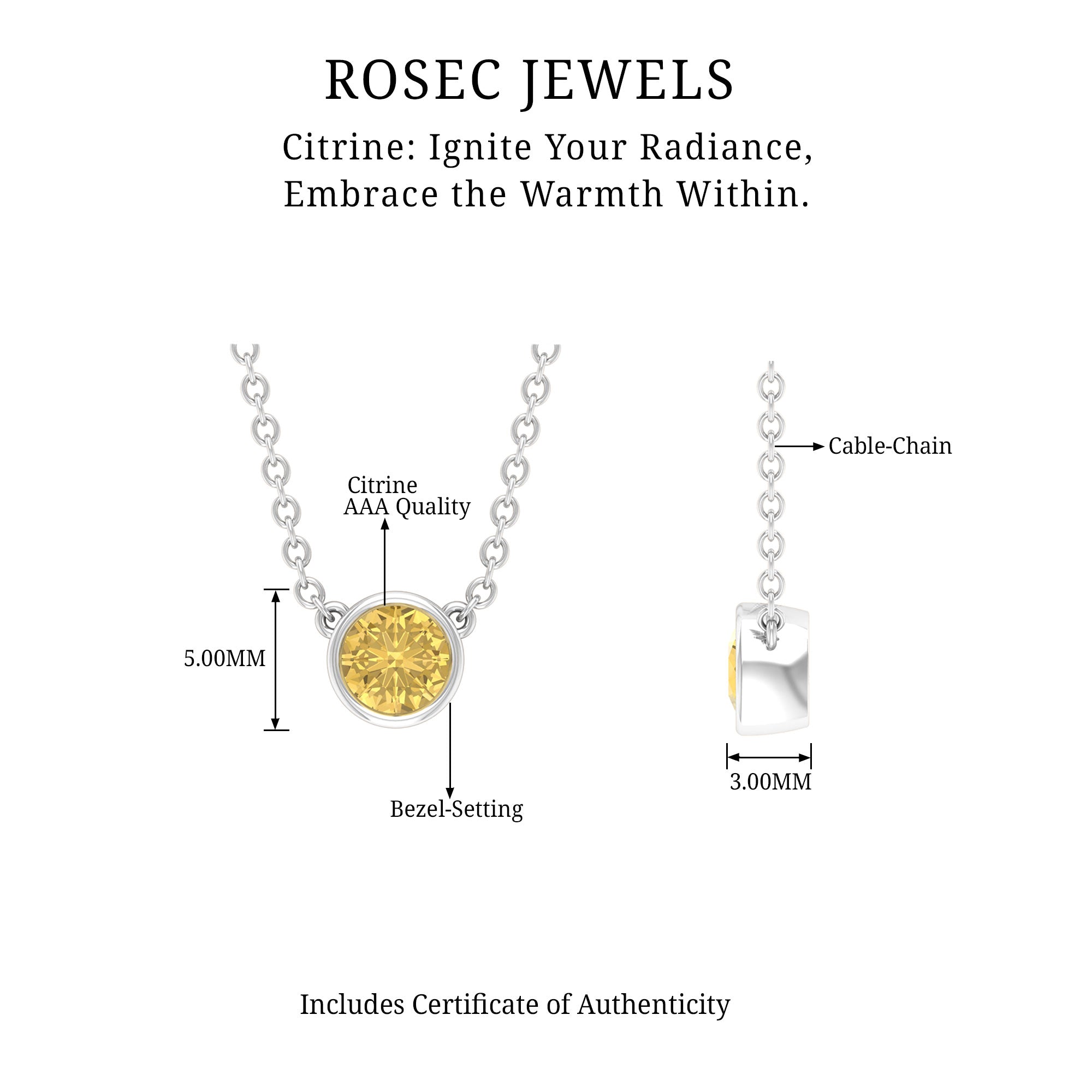 Round Shape Citrine Solitaire Necklace in Bezel Setting Citrine - ( AAA ) - Quality - Rosec Jewels