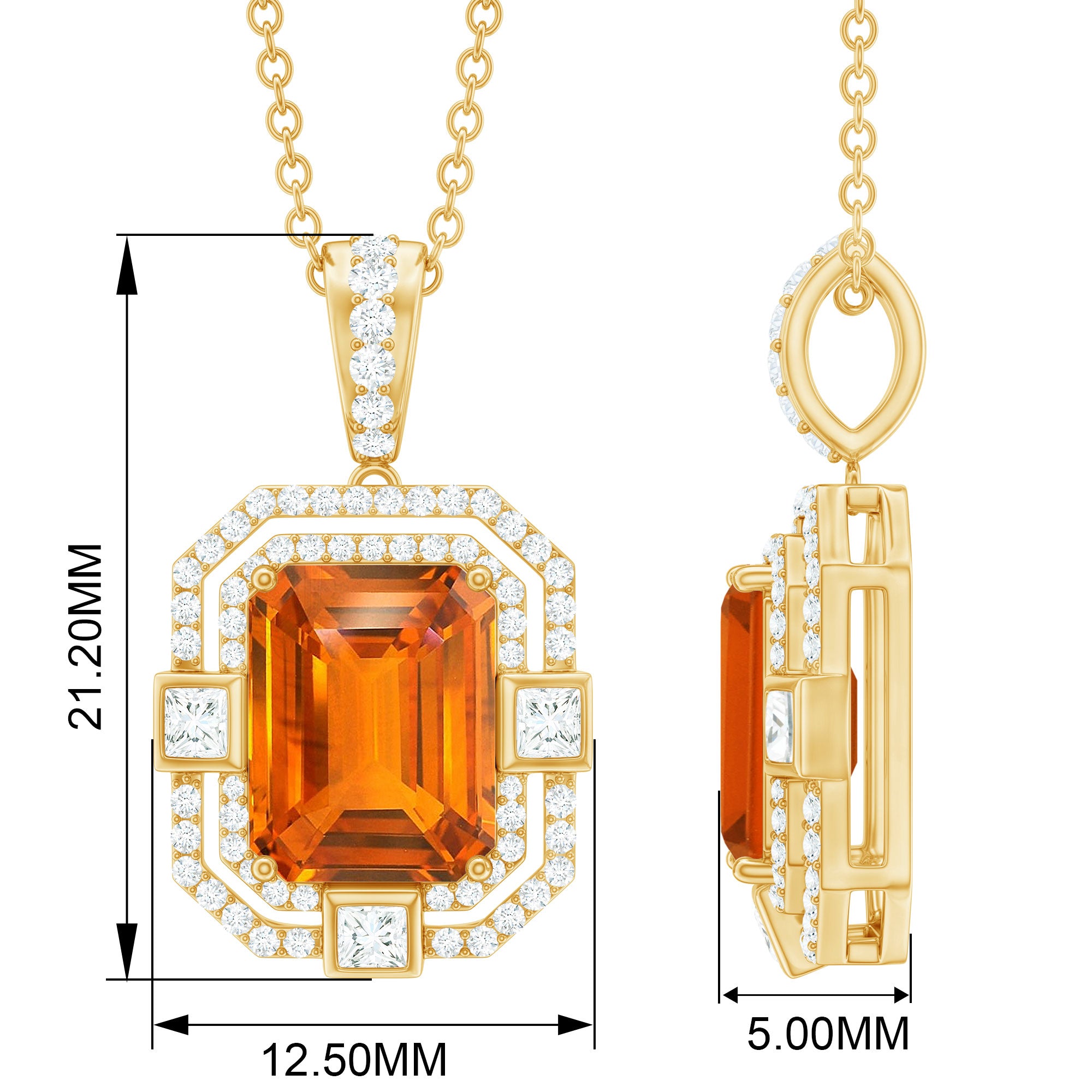 Vintage Emerald Cut Created Orange Sapphire Pendant with Moissanite Lab Created Orange Sapphire - ( AAAA ) - Quality - Rosec Jewels