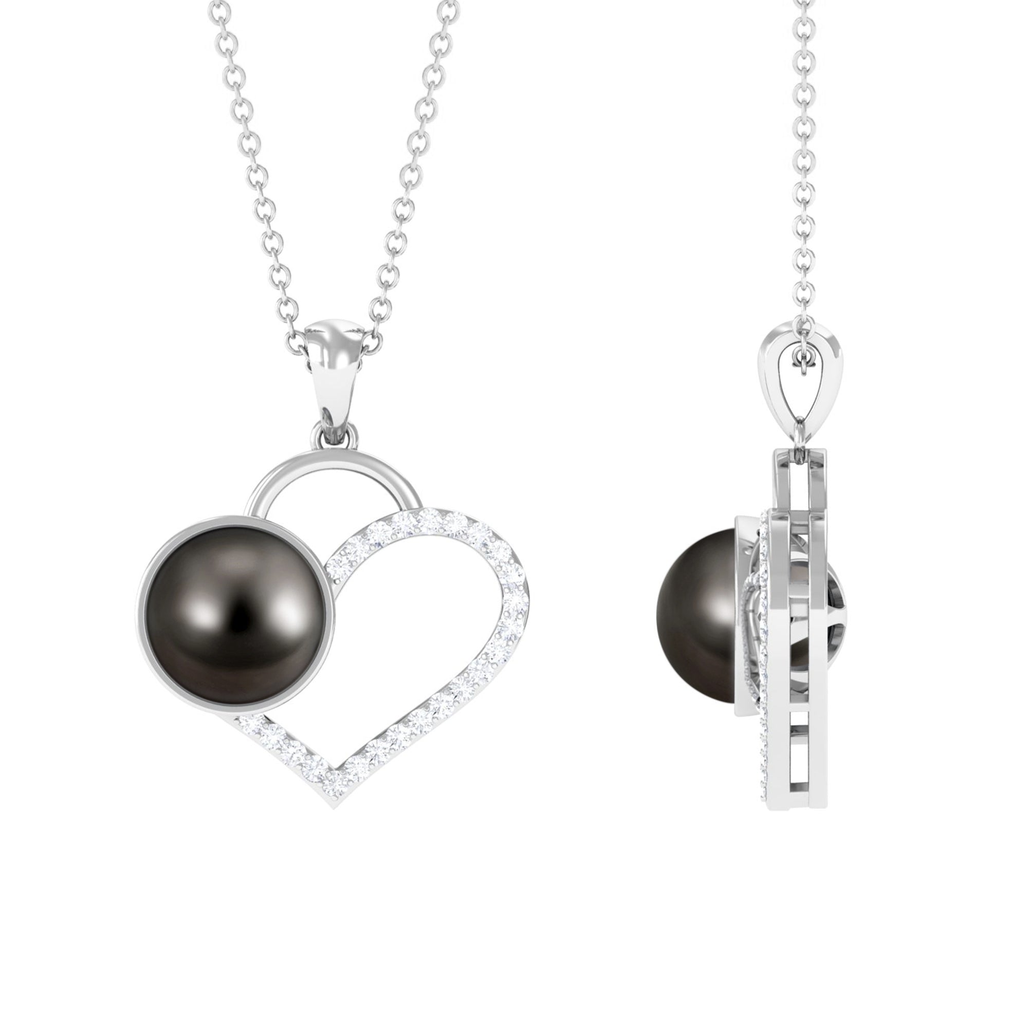 Tahitian Pearl and Diamond Open Heart Pendant Necklace Tahitian pearl - ( AAA ) - Quality - Rosec Jewels