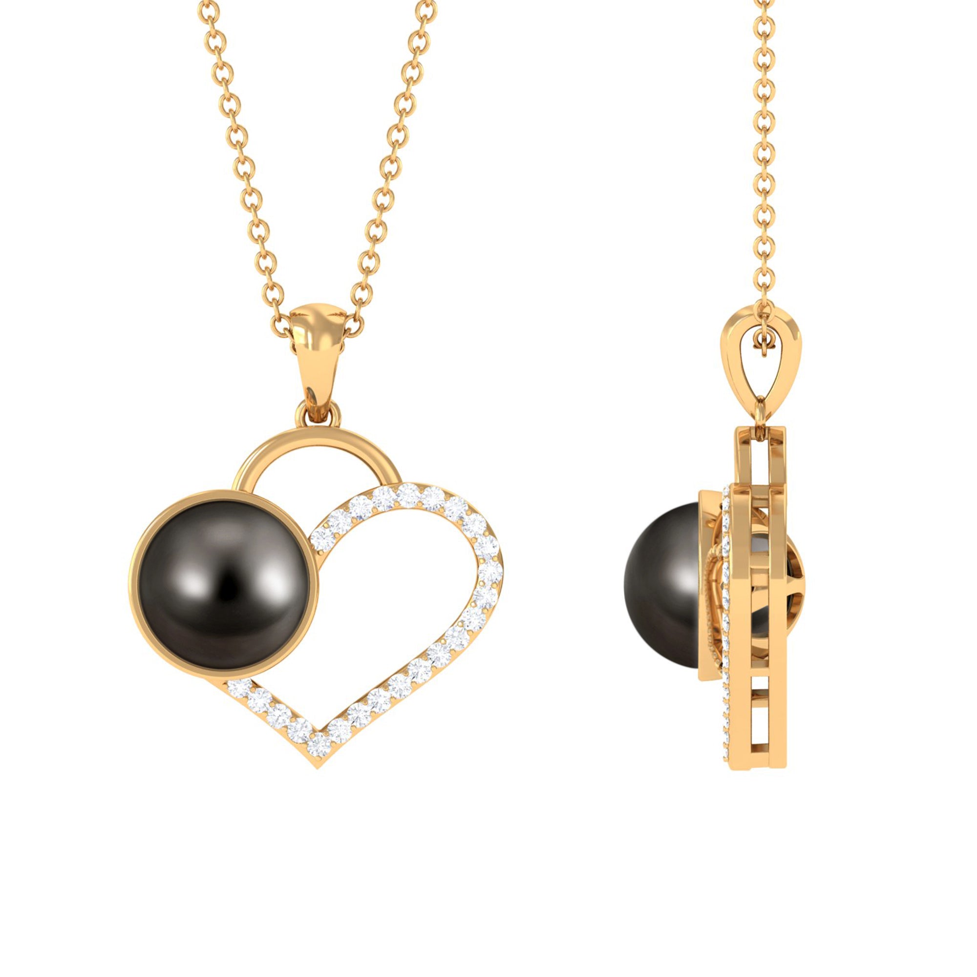 Tahitian Pearl and Diamond Open Heart Pendant Necklace Tahitian pearl - ( AAA ) - Quality - Rosec Jewels