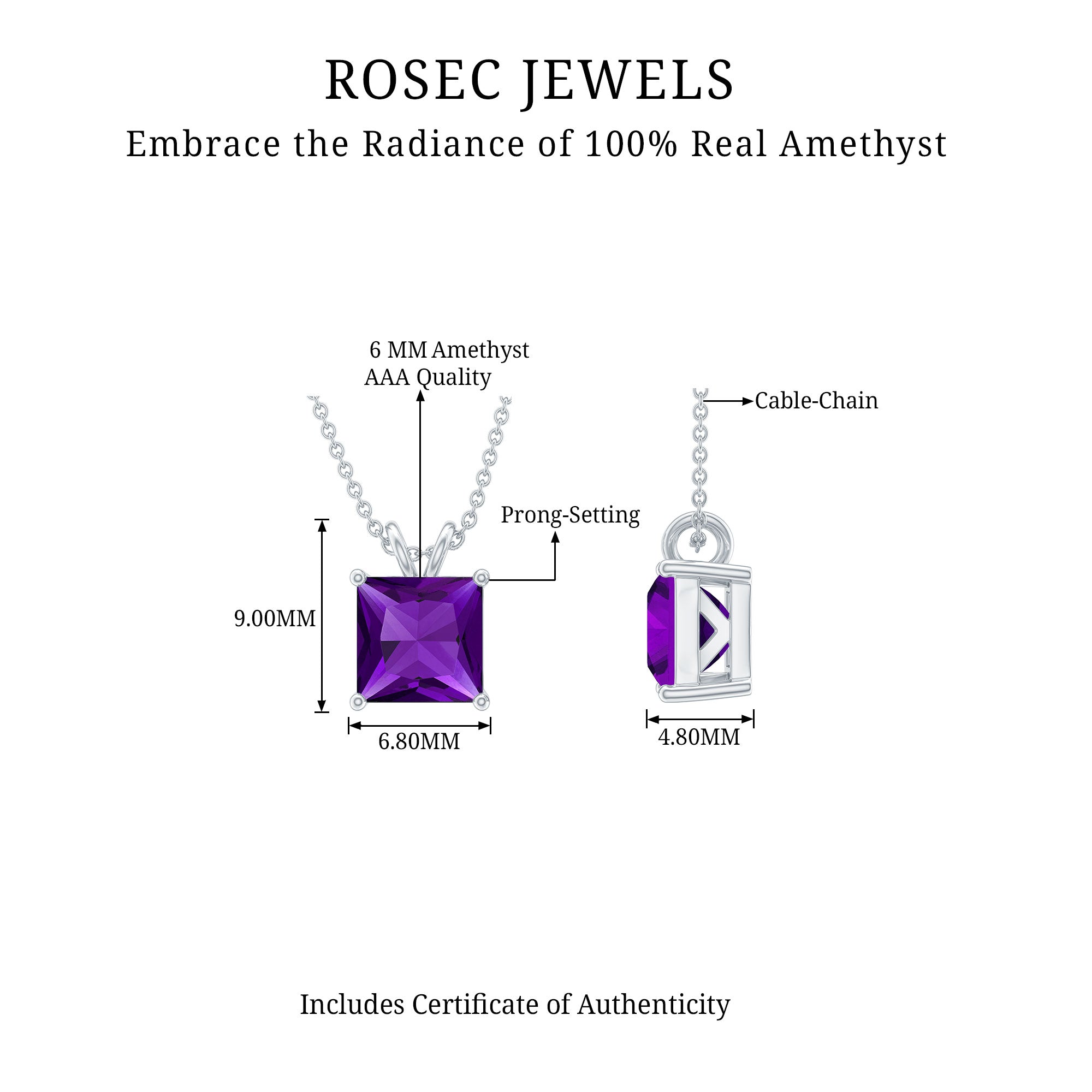 Real Amethyst Solitaire Pendant Necklace 8 MM Princess Cut - Rosec Jewels