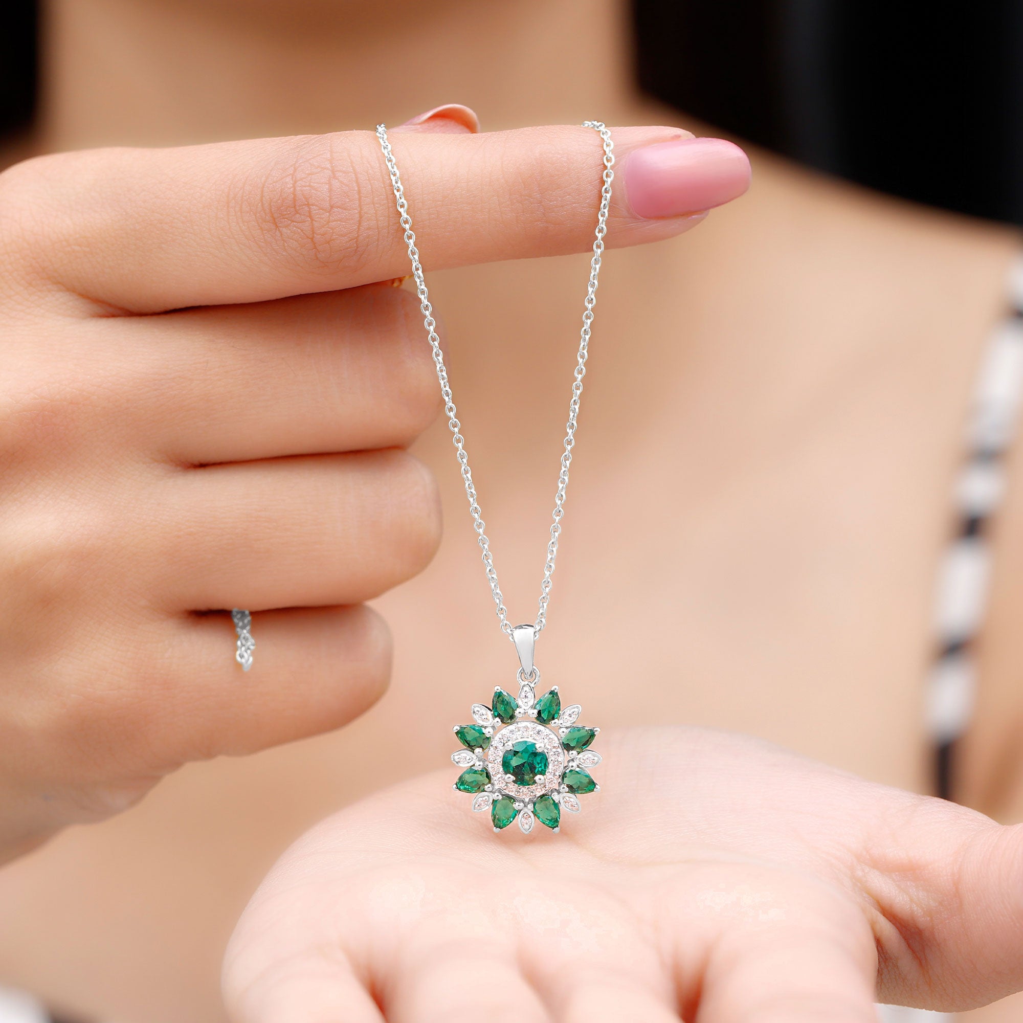 Lab Created Emerald Flower Cocktail Pendant with Diamond Lab Created Emerald - ( AAAA ) - Quality - Rosec Jewels