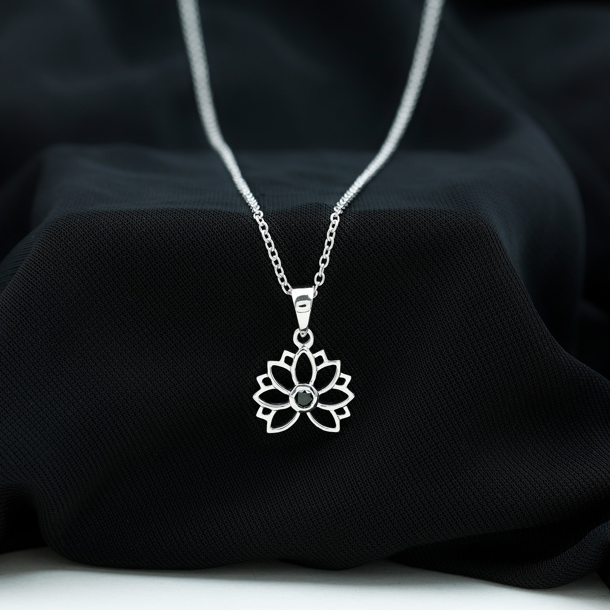 Gold Lotus Flower Pendant with 3 MM Round Cut Black Diamond Black Diamond - ( AAA ) - Quality - Rosec Jewels