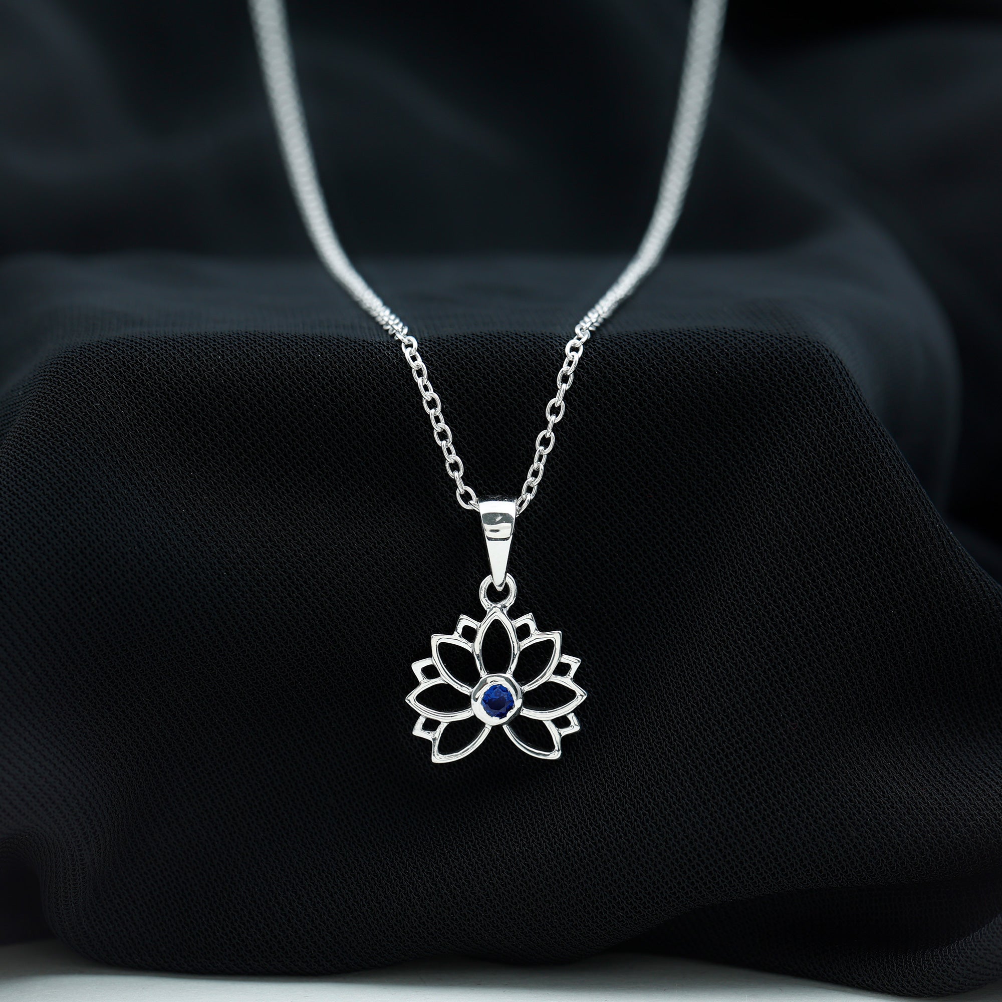 Lab Grown Blue Sapphire Lotus Flower Necklace - Rosec Jewels