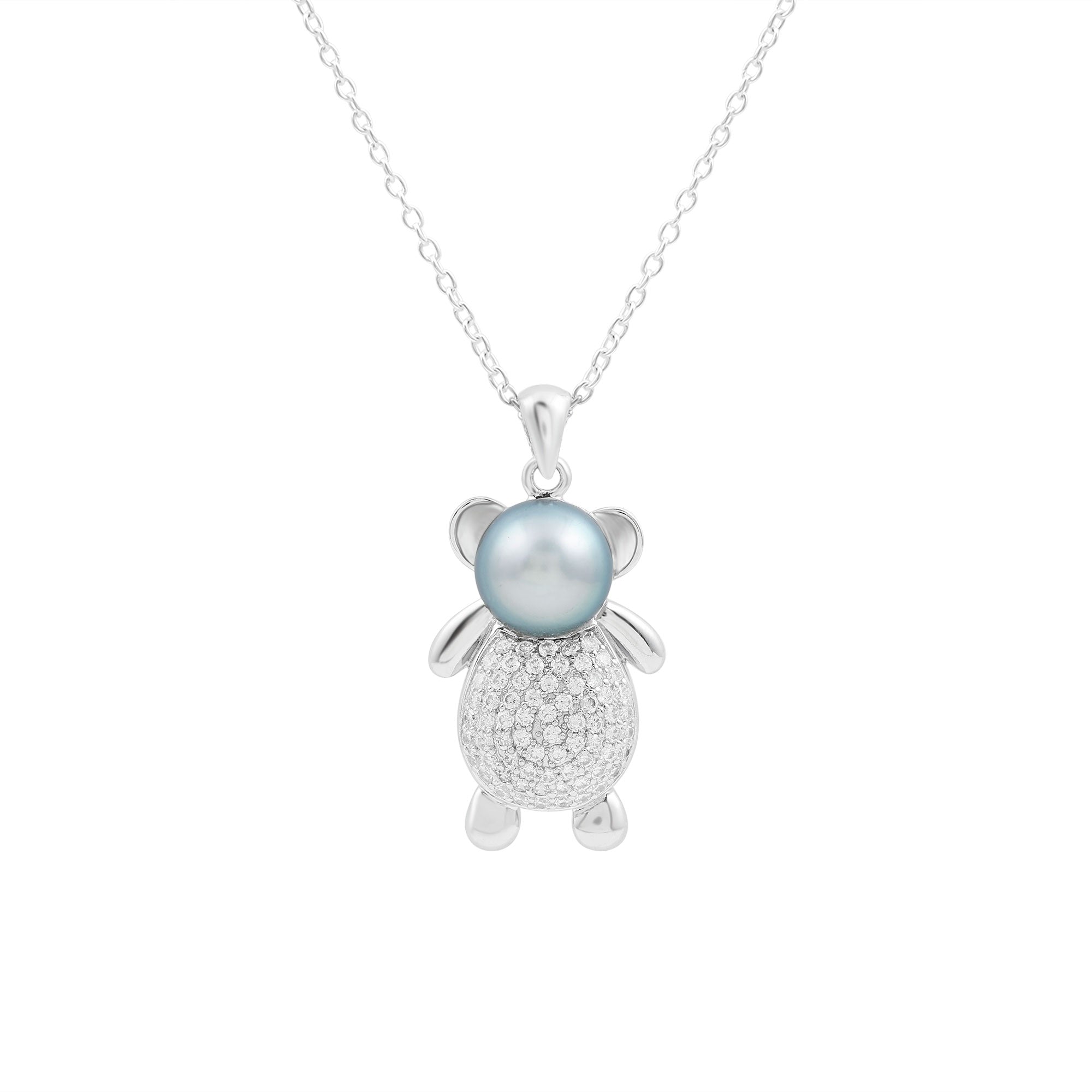 Teddy Bear Inspired Black Pearl Pendant Necklace in Silver - Rosec Jewels