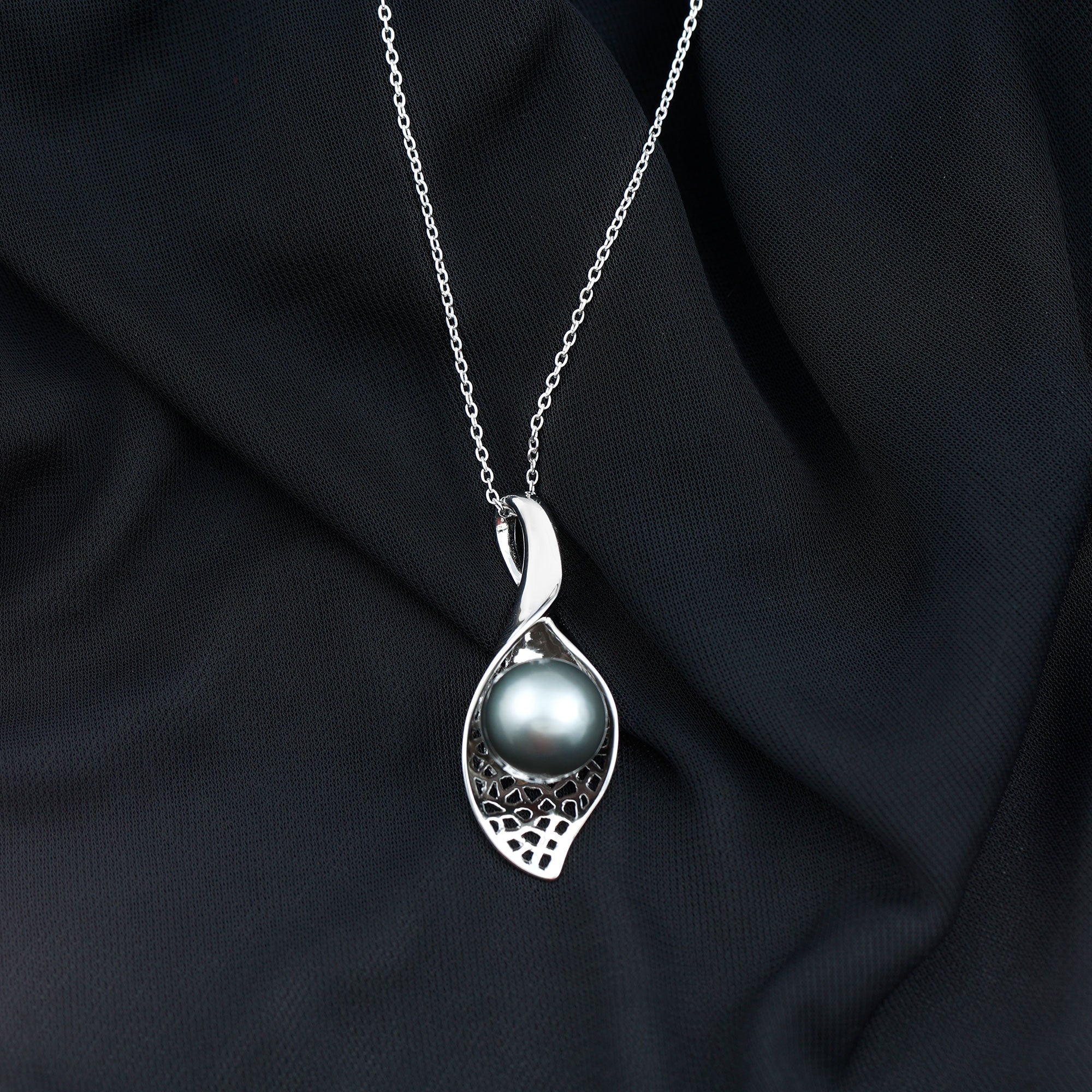 Leaf Inspired Black Pearl Pendant Necklace in Silver - Rosec Jewels