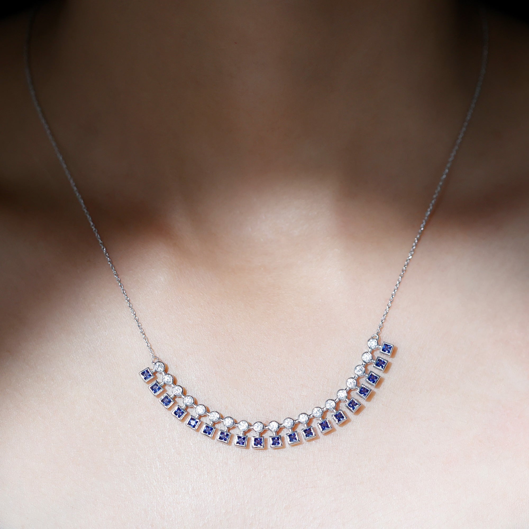 Princess Cut Created Blue Sapphire Silver Statement Necklace with Zircon - Rosec Jewels