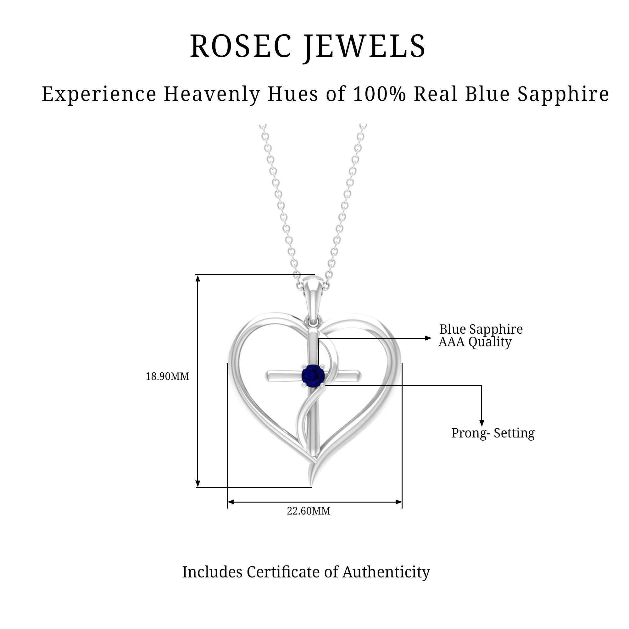 3 MM Blue Sapphire Cross Heart Necklace for Women Blue Sapphire - ( AAA ) - Quality - Rosec Jewels