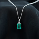 Octagon Cut Created Emerald Silver Solitaire Pendant with Dainty Moissanite - Rosec Jewels