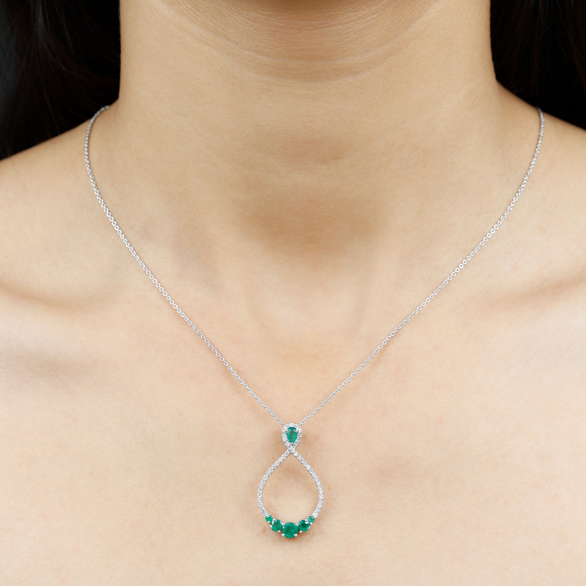 Emerald and Diamond Teardrop Necklace with Graduated Style Emerald - ( AAA ) - Quality - Rosec Jewels