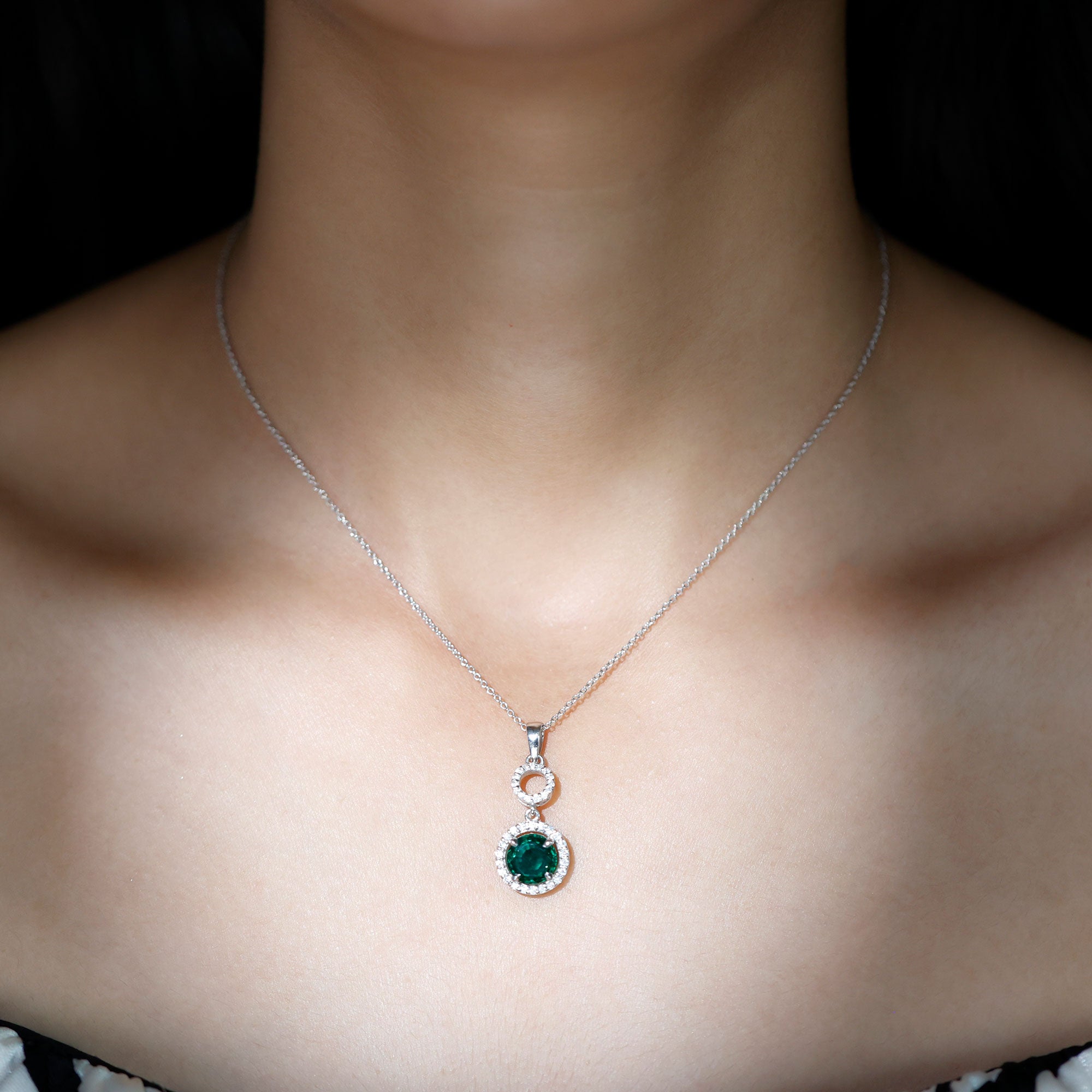 2.75 CT Certified Lab Created Emerald Silver Dangle Necklace with Zircon Lab Created Emerald - ( AAAA ) - Quality 92.5 Sterling Silver - Rosec Jewels