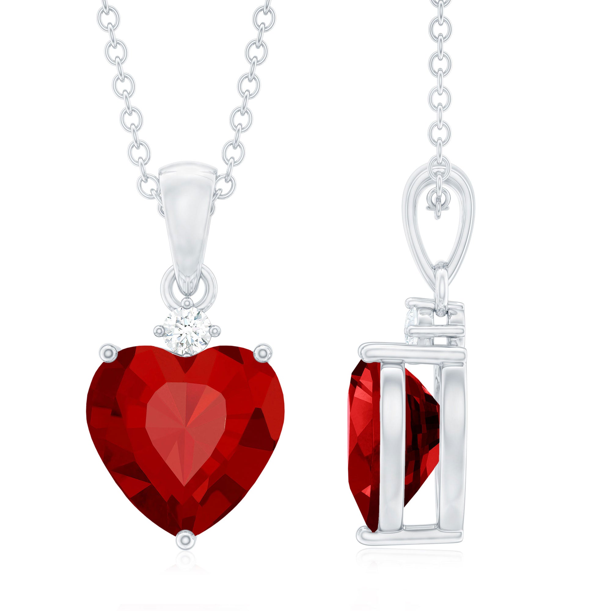 2 CT Created Ruby Heart Pendant Necklace with Zircon Lab Created Ruby - ( AAAA ) - Quality - Rosec Jewels