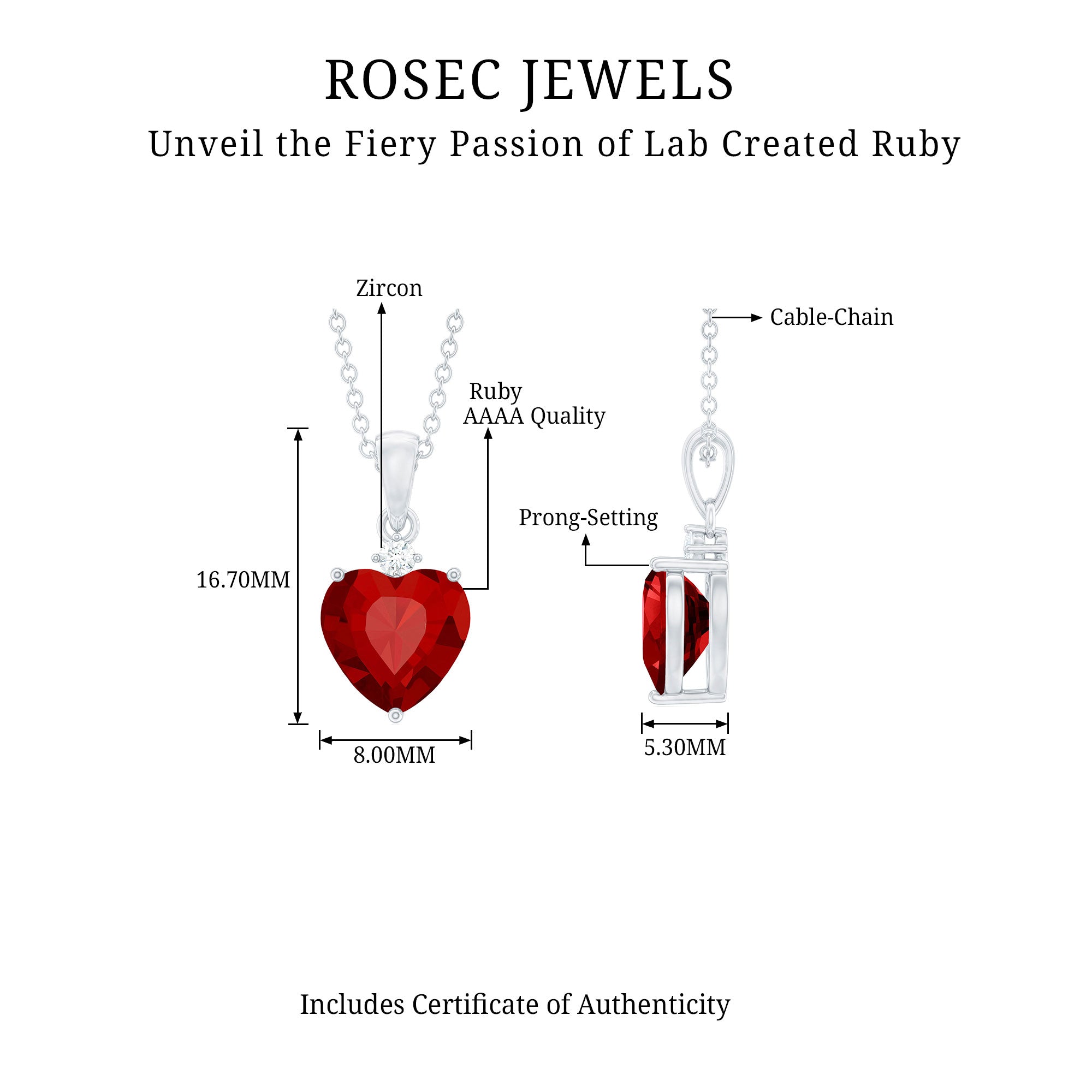 2 CT Created Ruby Heart Pendant Necklace with Zircon Lab Created Ruby - ( AAAA ) - Quality - Rosec Jewels