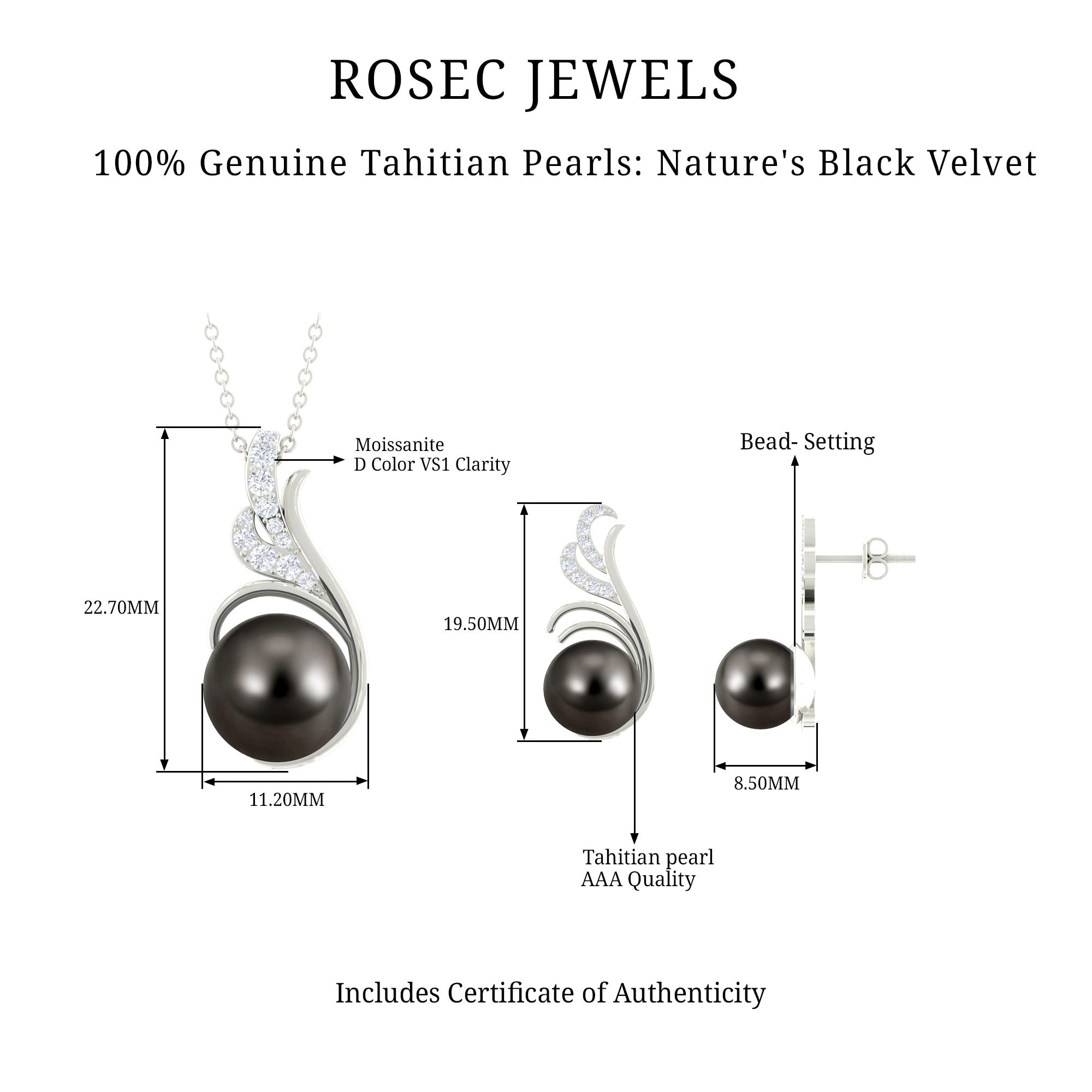 Designer Silver Jewelry Set with Tahitian Pearl and Moissanite - Rosec Jewels