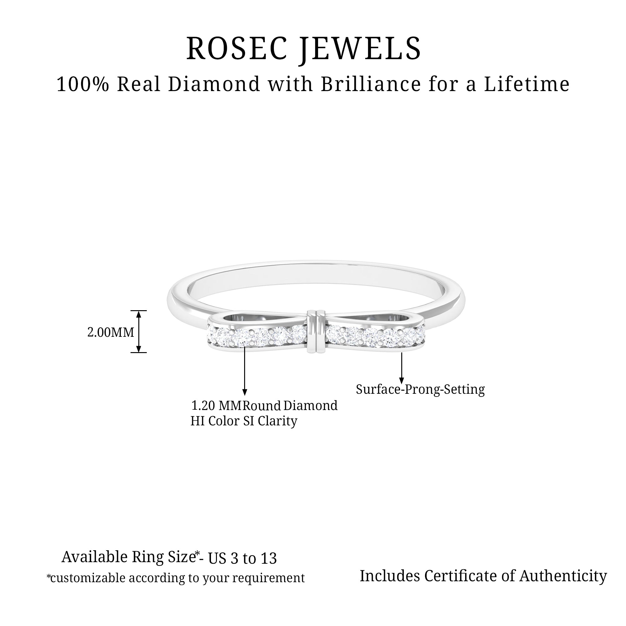 Natural and Certified Diamond Bow Promise Ring in Gold Diamond - ( HI-SI ) - Color and Clarity - Rosec Jewels