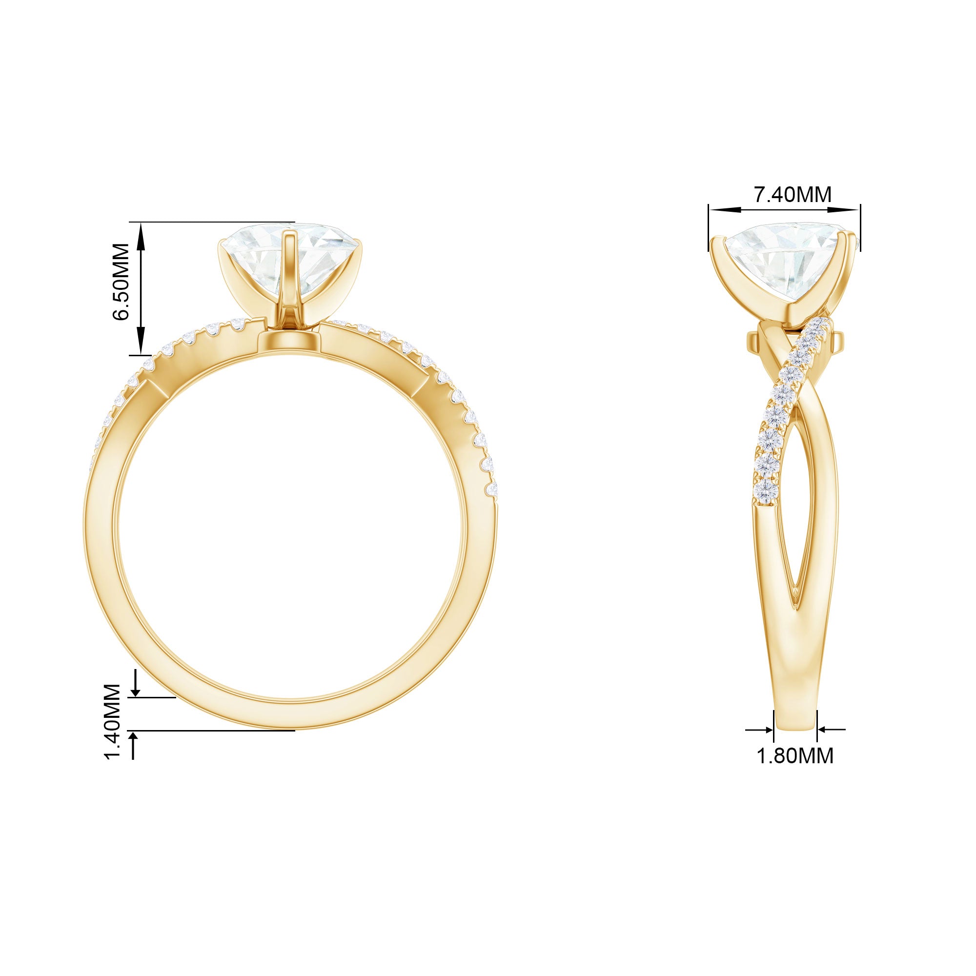 Heart Shape Moissanite Solitaire Crossover Engagement Ring Moissanite - ( D-VS1 ) - Color and Clarity - Rosec Jewels