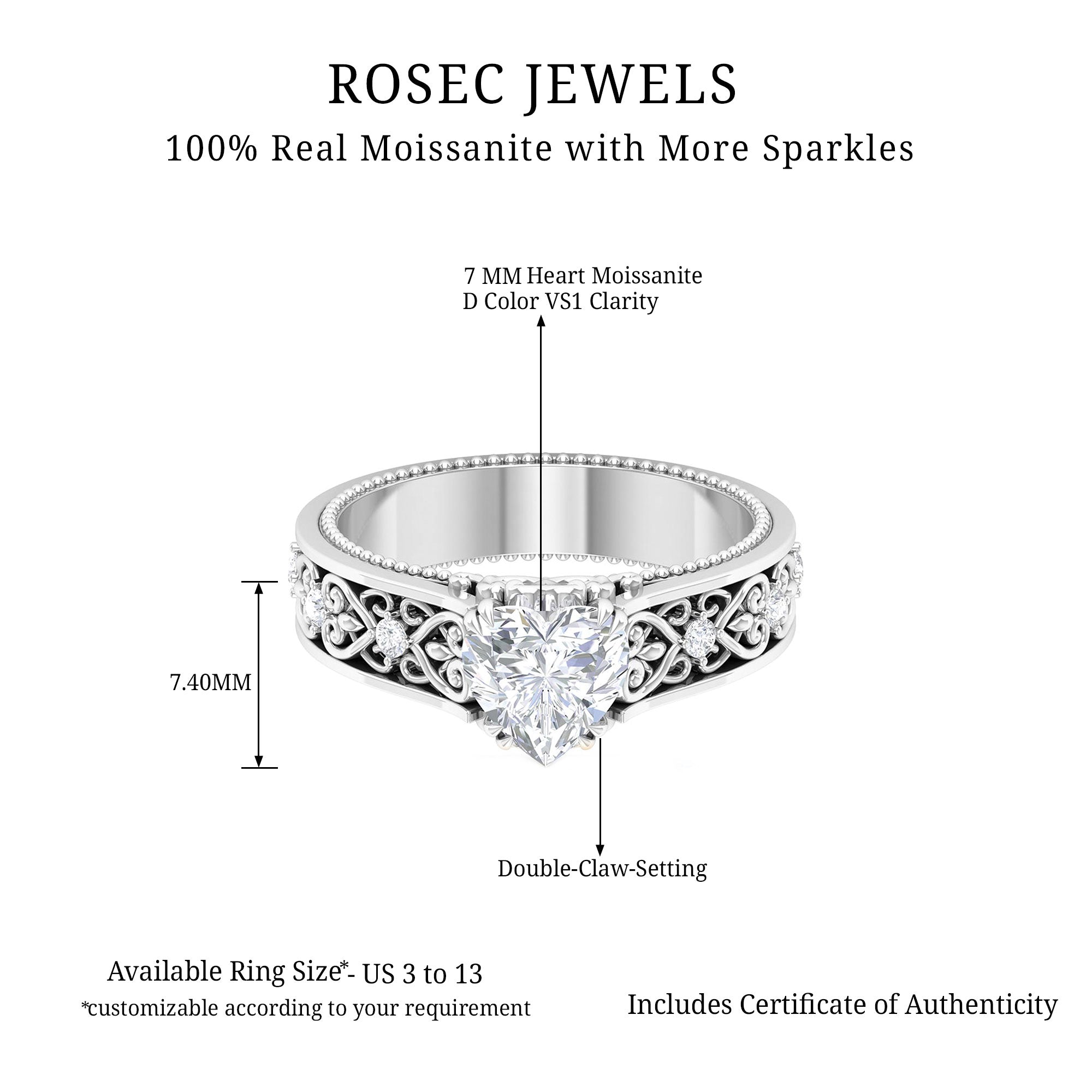 1.75 CT Heart Shape Moissanite Solitaire Engagement Ring Moissanite - ( D-VS1 ) - Color and Clarity - Rosec Jewels