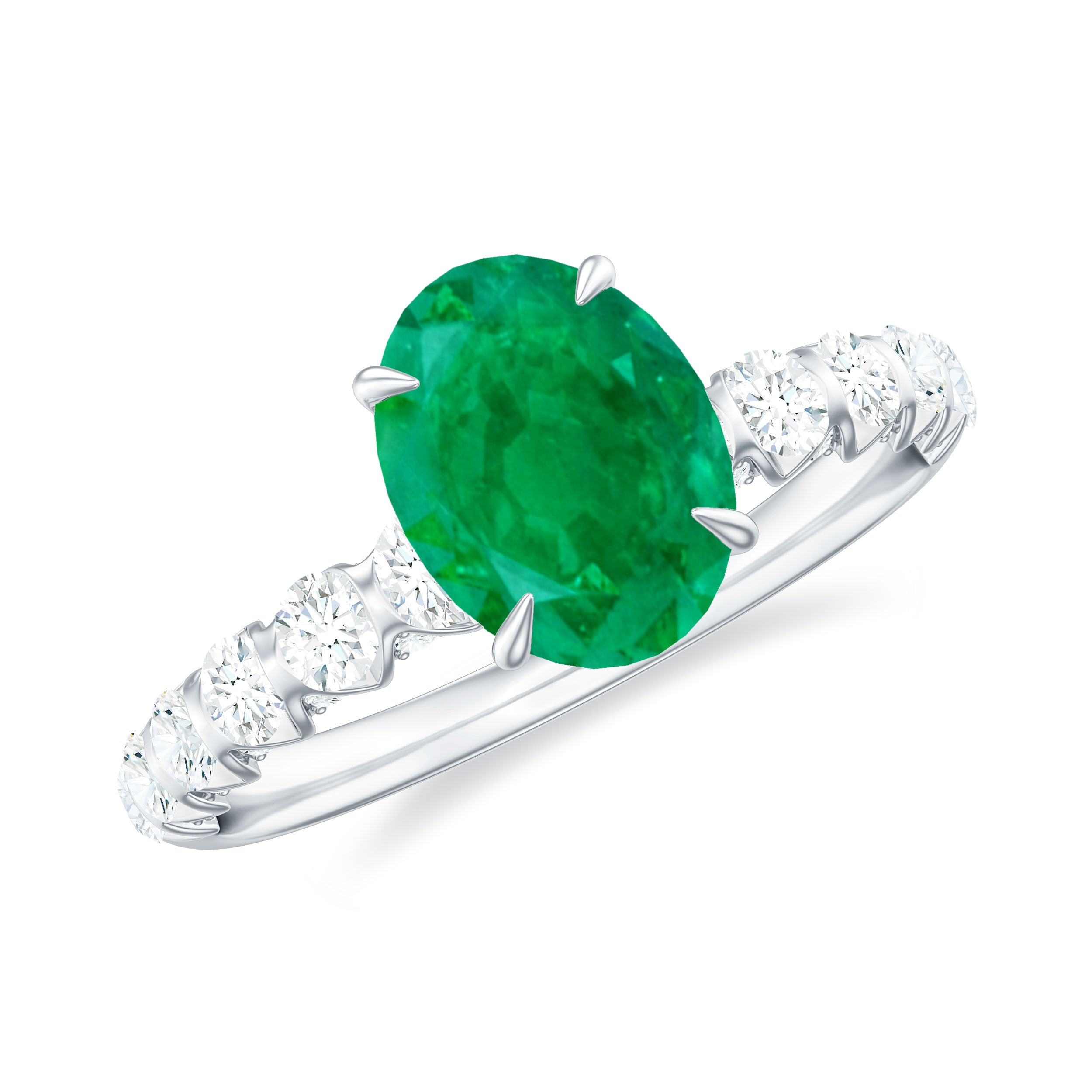 Oval shape Emerald Solitaire Engagement Ring with Diamond Side Stones Emerald - ( AAA ) - Quality - Rosec Jewels