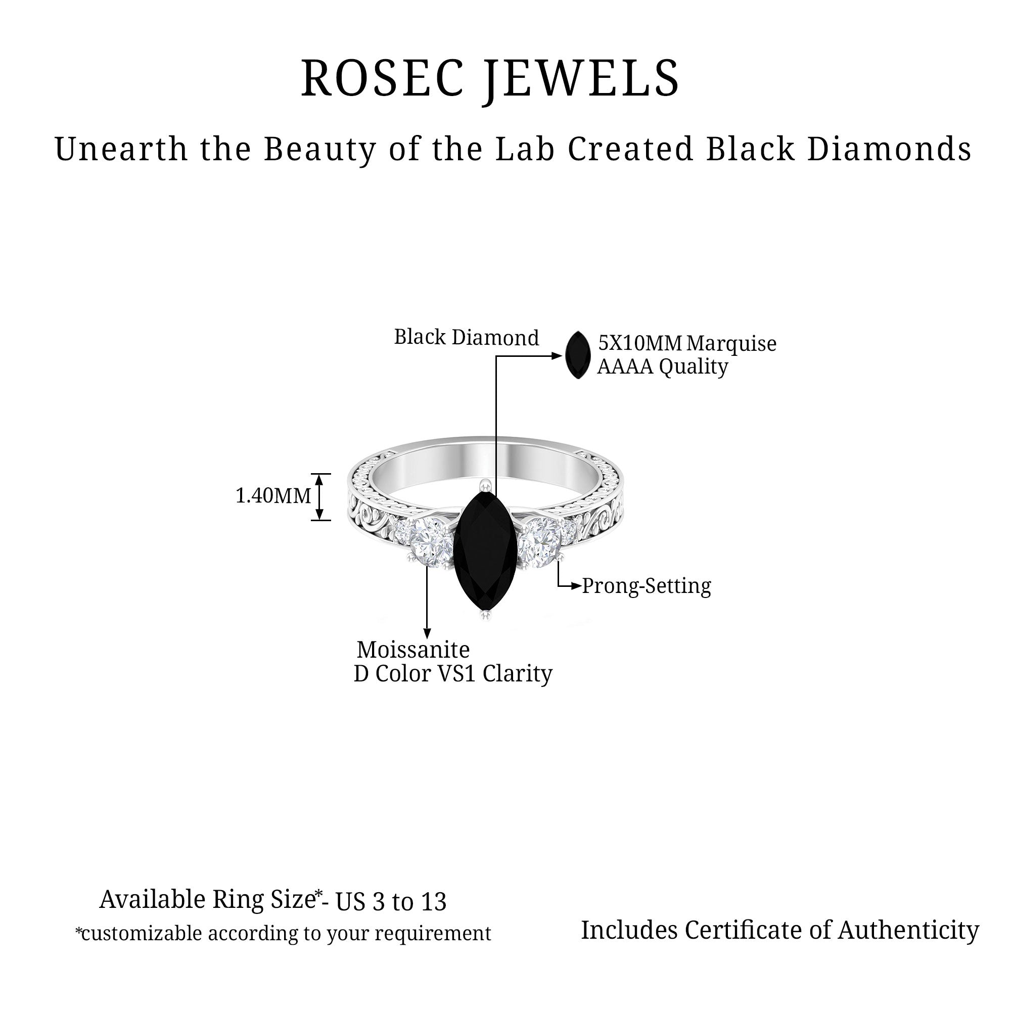 Vintage Inspired Lab Grown Black Diamond Solitaire Ring with Moissanite Lab Created Black Diamond - ( AAAA ) - Quality 92.5 Sterling Silver 13.0 - Rosec Jewels