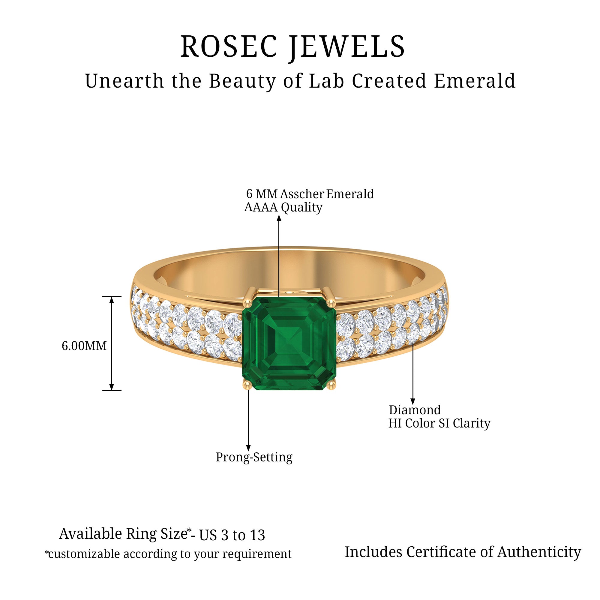 Asscher Cut Lab Grown Emerald Engagement Ring with Diamond Side Stones Lab Created Emerald - ( AAAA ) - Quality - Rosec Jewels