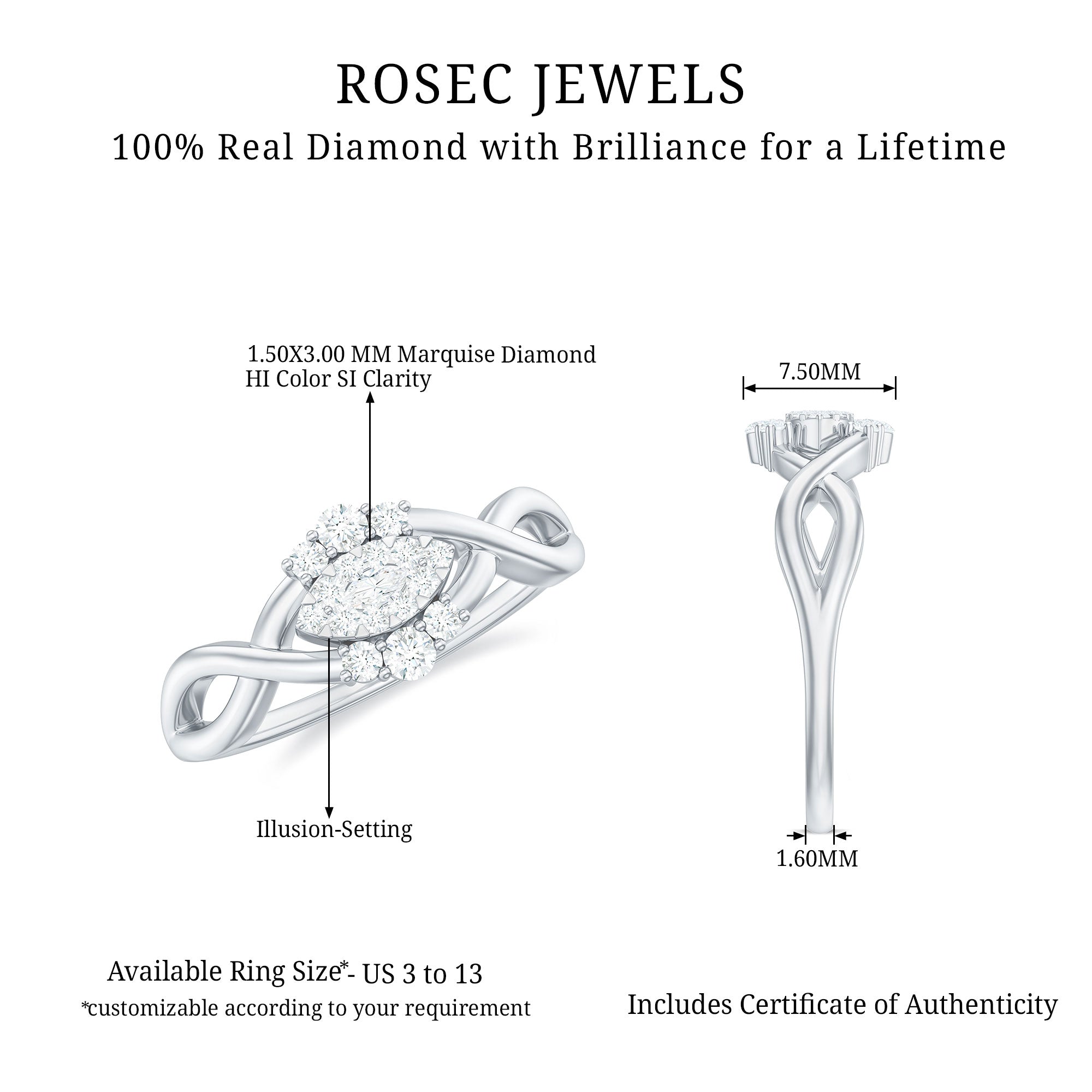 1/2 CT Certified Diamond Infinity Promise Ring Diamond - ( HI-SI ) - Color and Clarity - Rosec Jewels