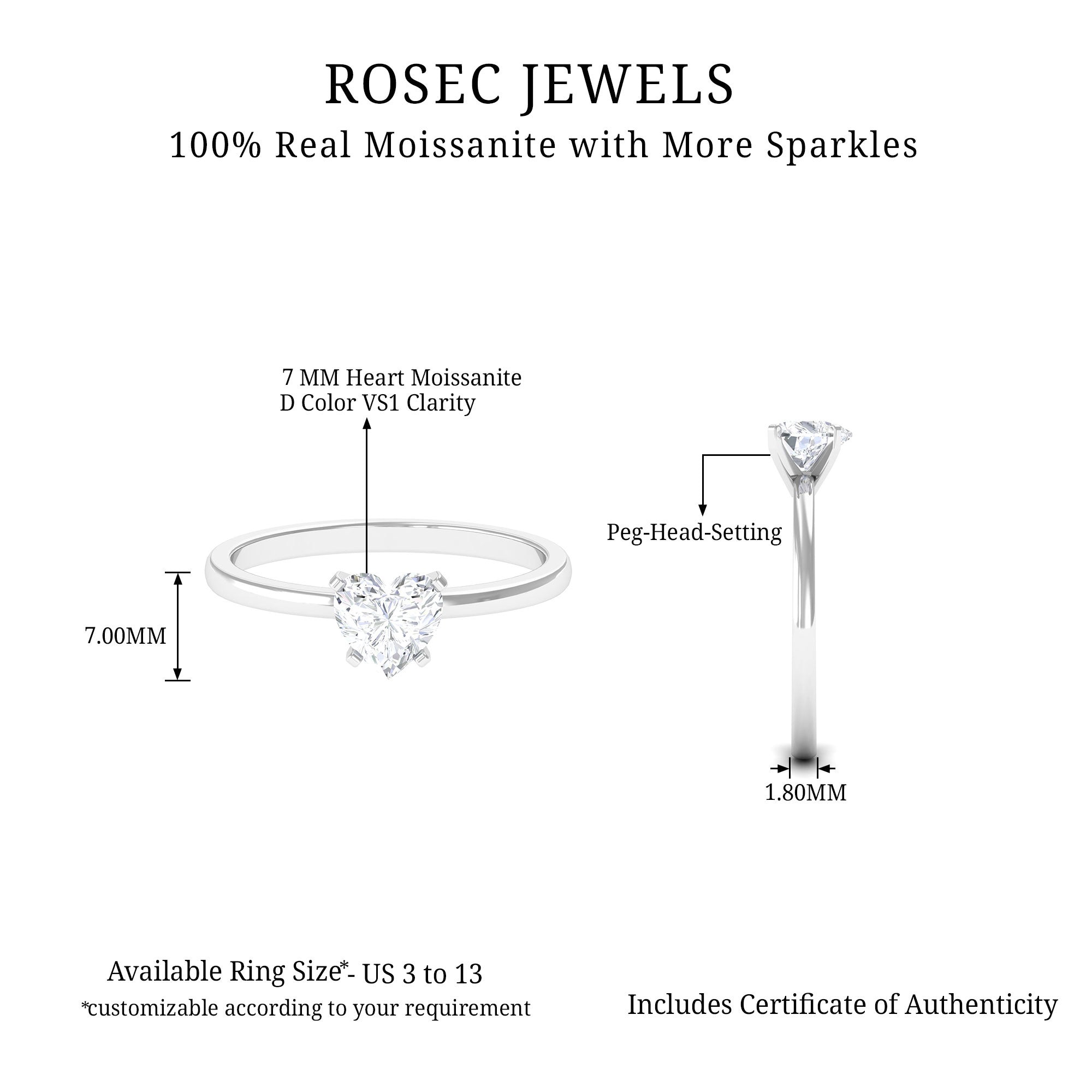 1 CT Heart Shape Certified Moissanite Solitaire Ring Moissanite - ( D-VS1 ) - Color and Clarity - Rosec Jewels