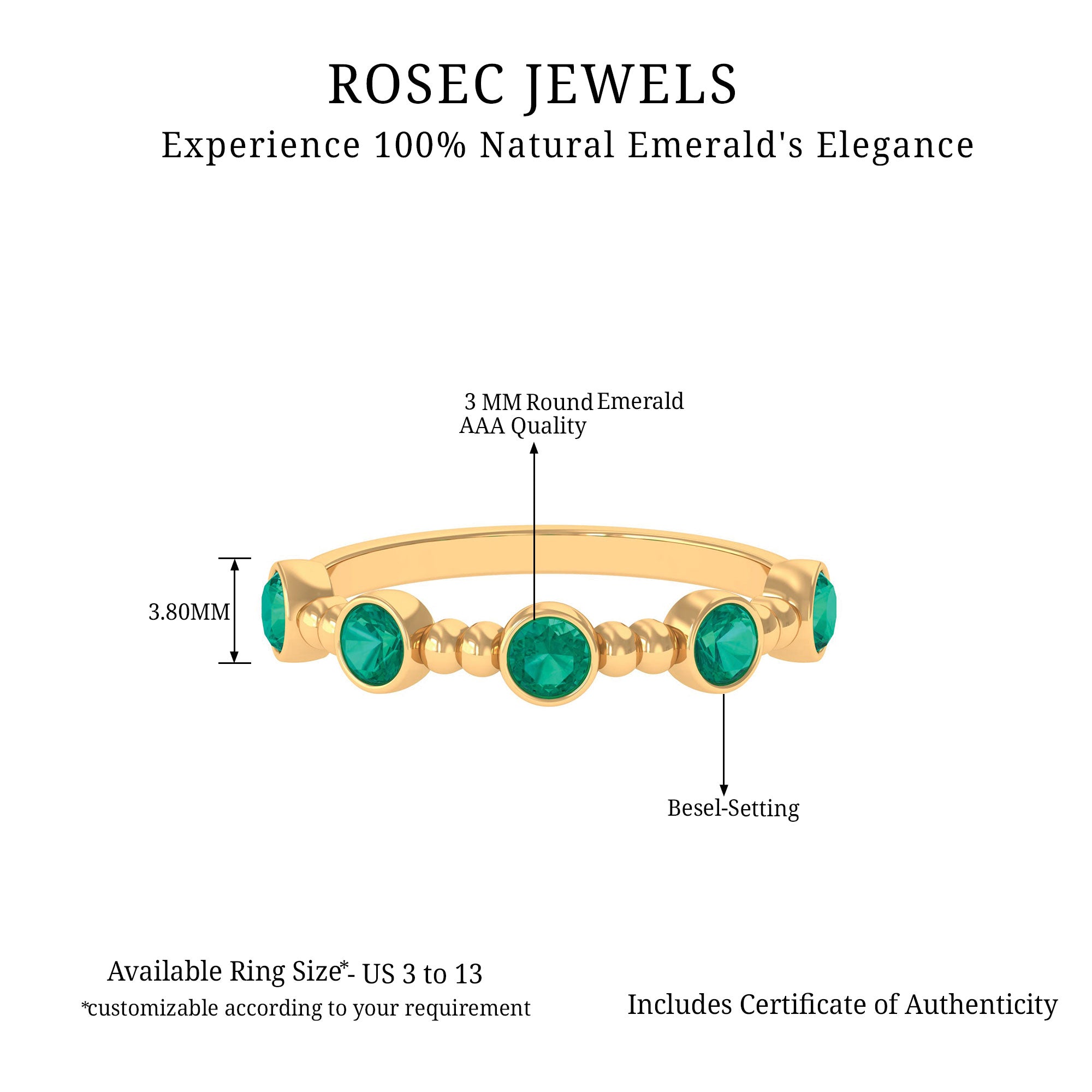 1/2 CT Bezel Set Emerald Gold Beaded Stackable Ring Emerald - ( AAA ) - Quality - Rosec Jewels