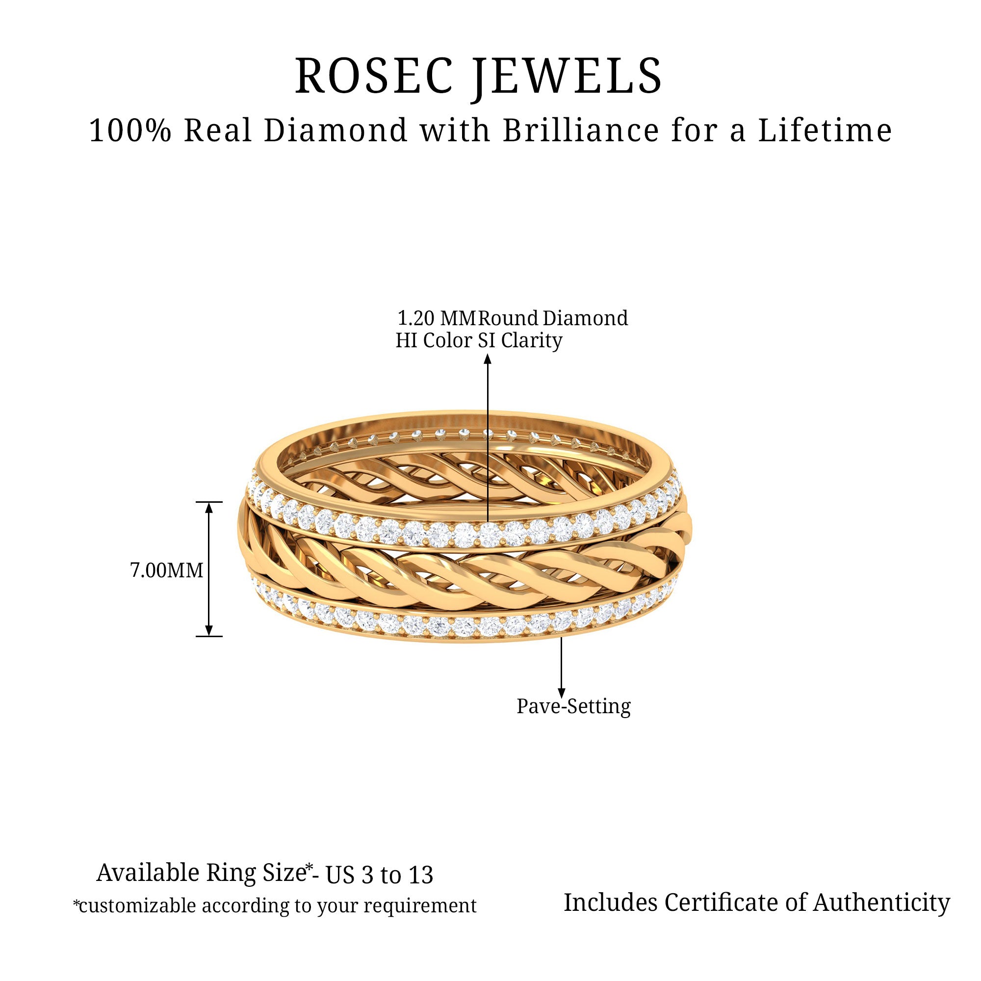 Round Diamond Twisted Rope Band Ring Diamond - ( HI-SI ) - Color and Clarity - Rosec Jewels