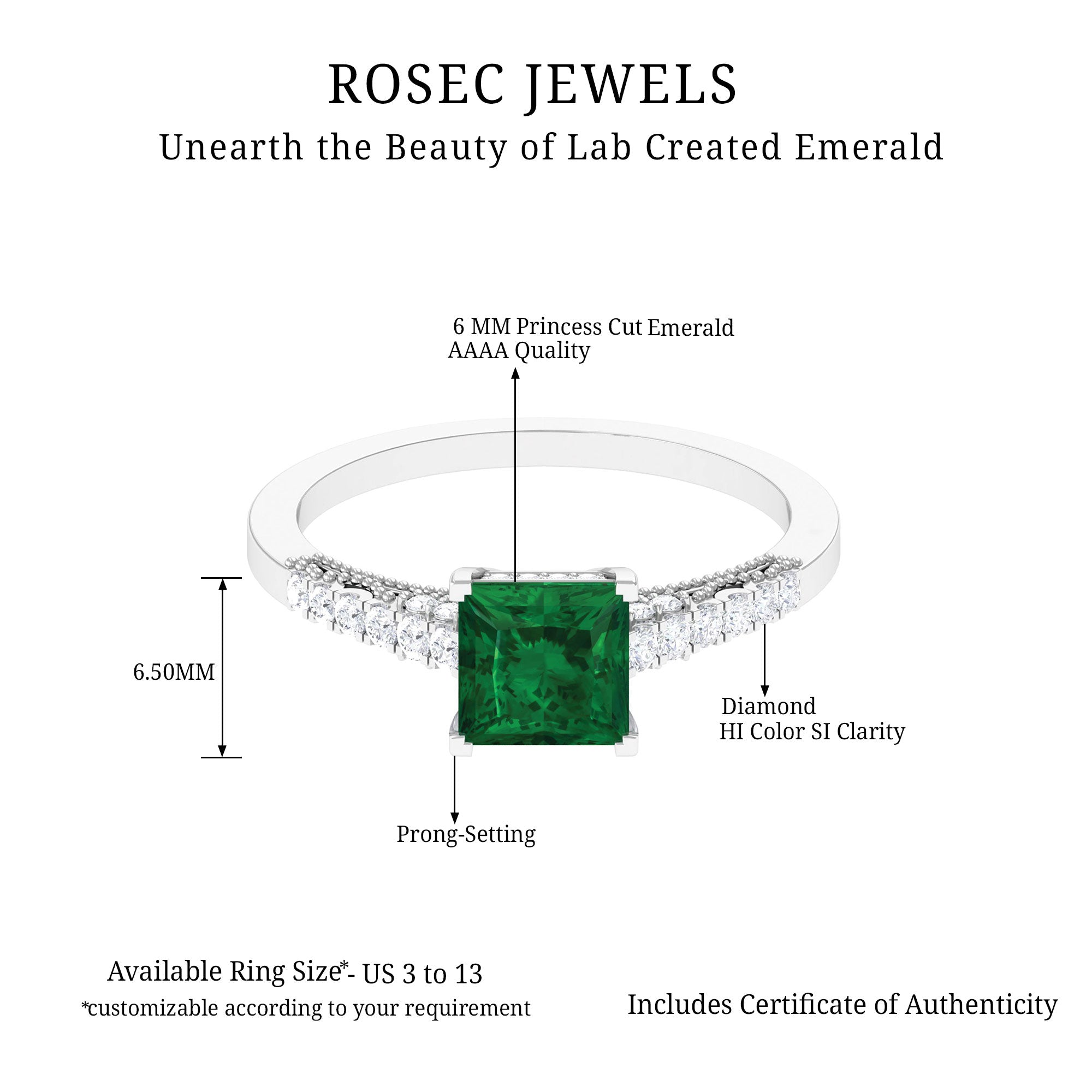 Princess Cut Emerald Milgrain Band Ring with Diamond Side Stones Lab Created Emerald - ( AAAA ) - Quality - Rosec Jewels